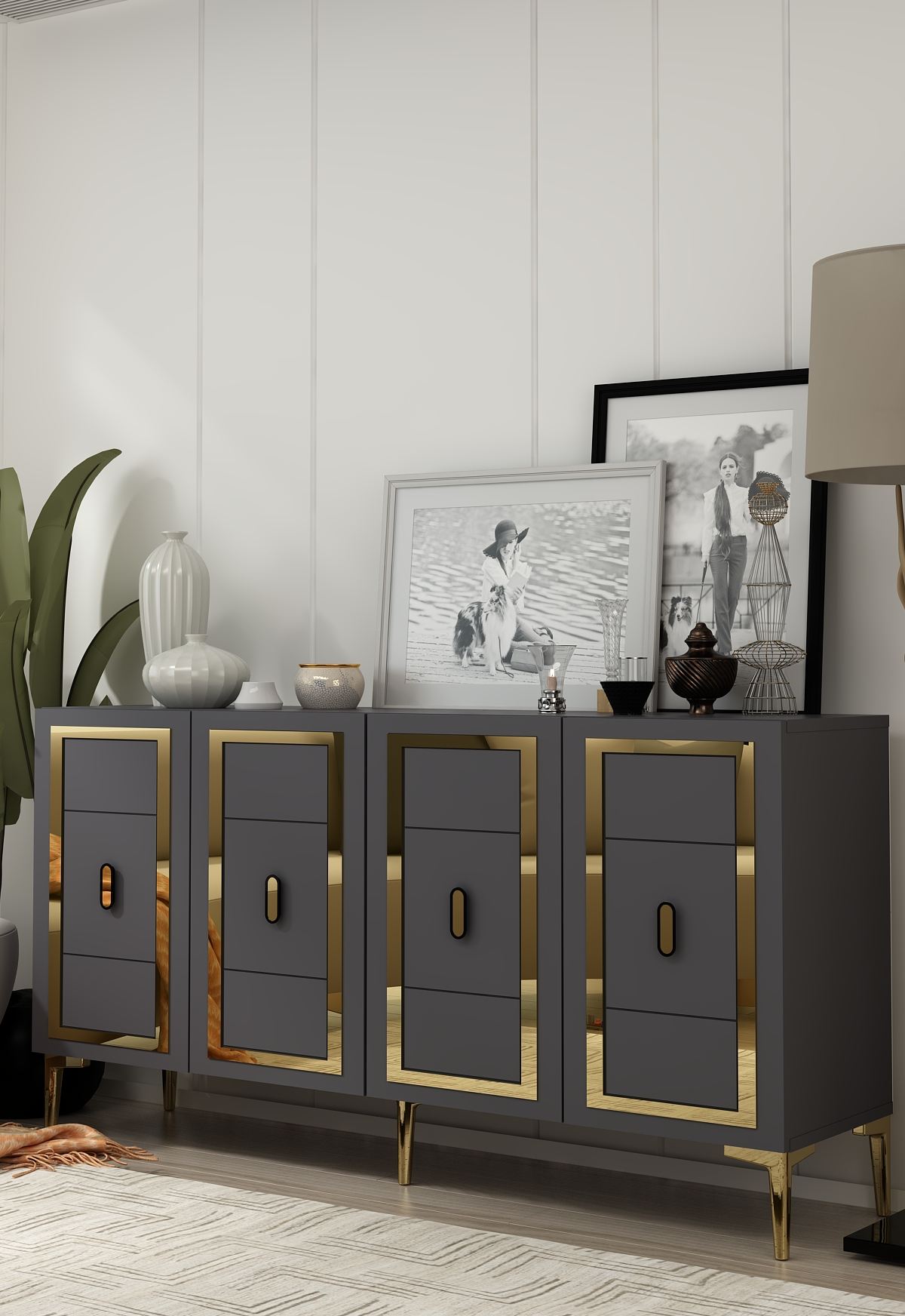 Aparador – 150cm x 75cm x 35cm – Antracite e Dourado – Aglomerado