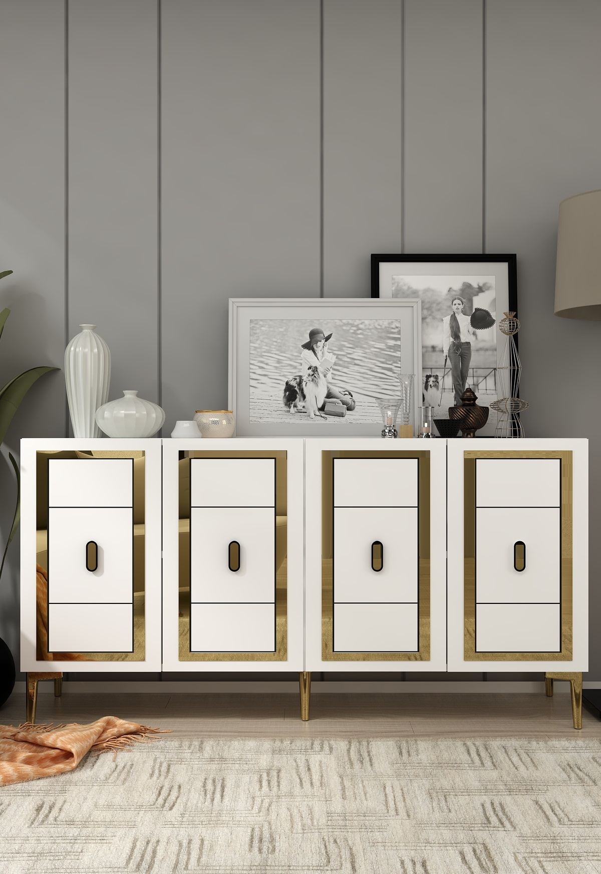 Aparador de MDF – 150 cm x 75 cm x 35 cm – Branco e Dourado
