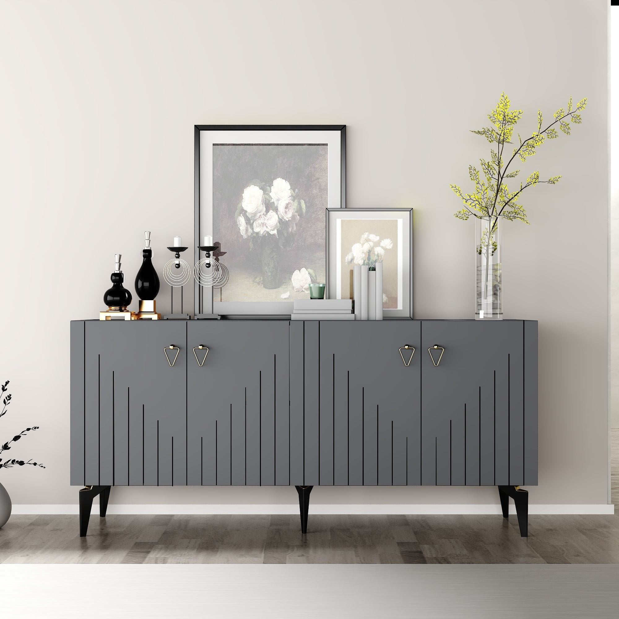 Aparador em Aglomerado Revestido de Melamina – 150 cm x 79 cm x 40 cm – Antracite e Ouro