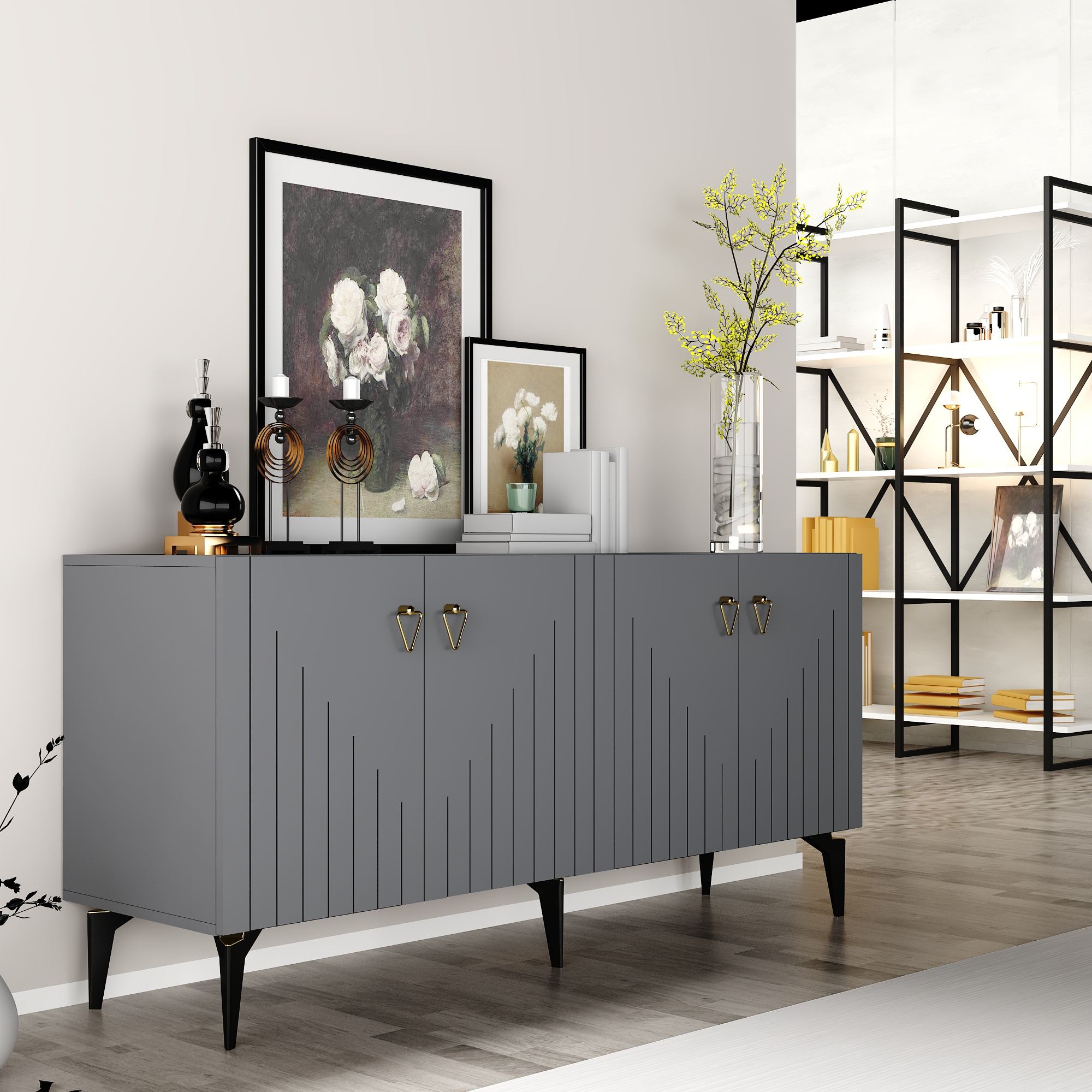 Aparador em Aglomerado Revestido de Melamina – 150 cm x 79 cm x 40 cm – Antracite e Ouro