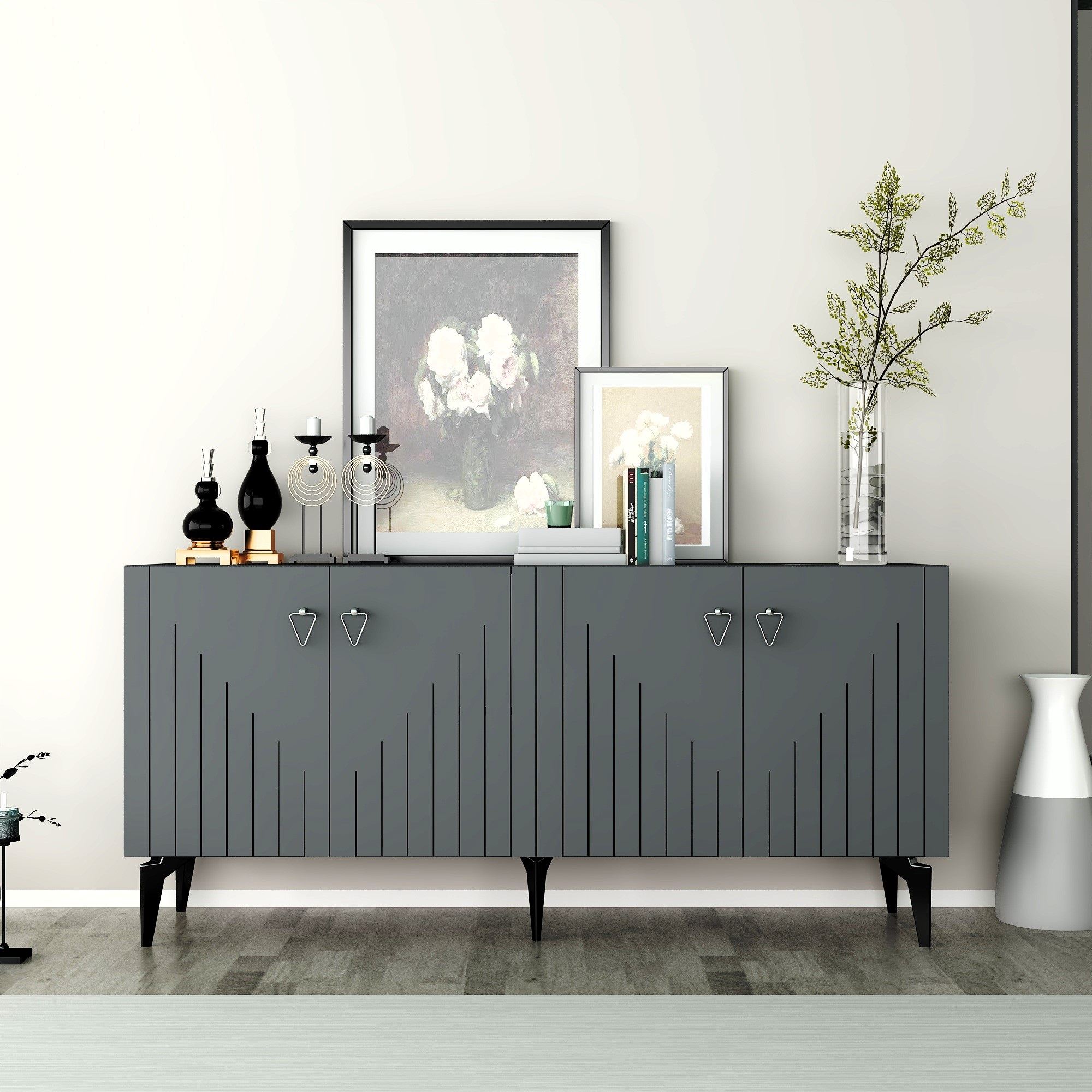 Aparador de Aglomerado Revestido de Melamina – 150cm x 79cm x 40cm – Antracite e Prata