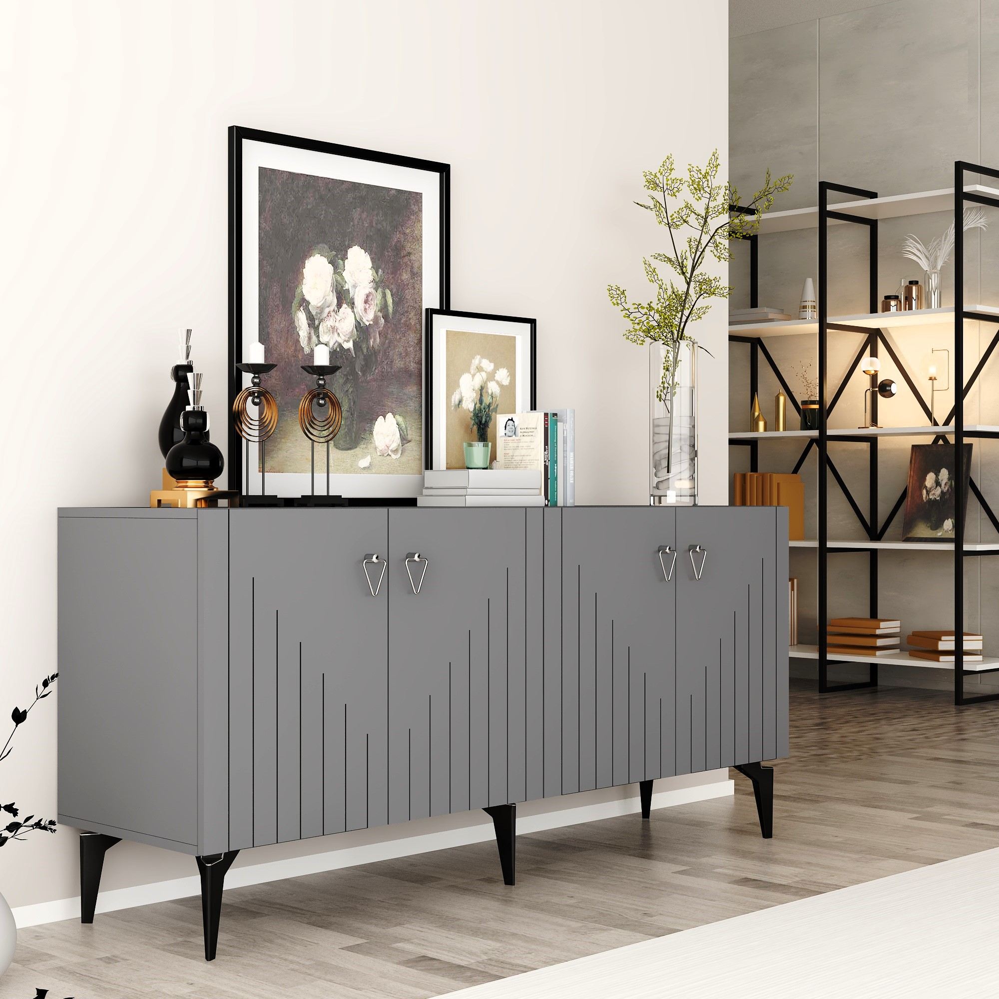 Aparador de Aglomerado Revestido de Melamina – 150cm x 79cm x 40cm – Antracite e Prata