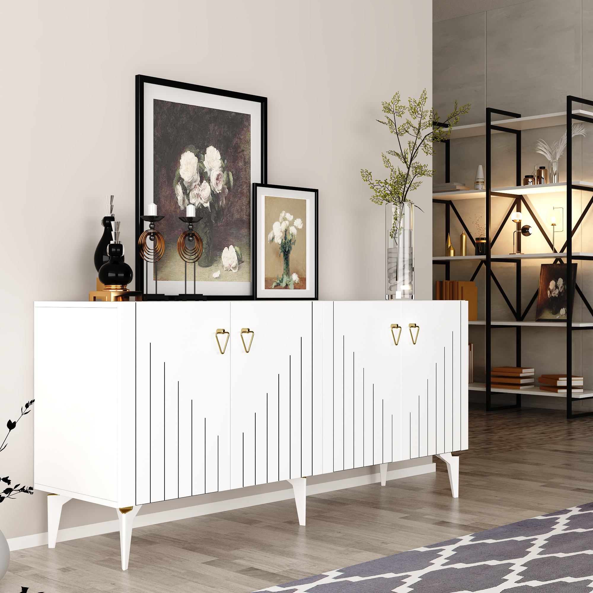 Aparador de aglomerado revestido de melamina – 150 cm x 79 cm x 40 cm – Branco e Dourado