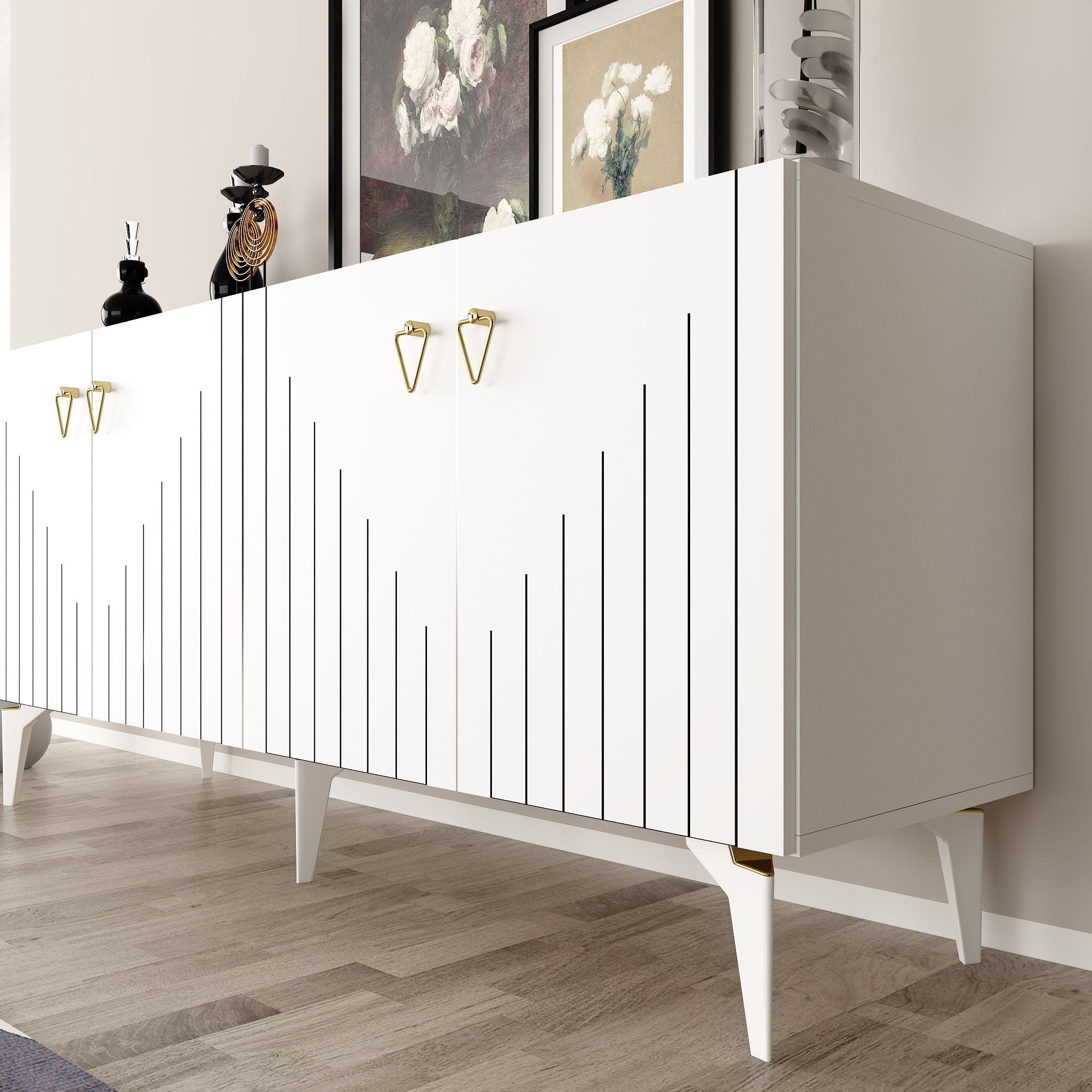 Aparador de aglomerado revestido de melamina – 150 cm x 79 cm x 40 cm – Branco e Dourado