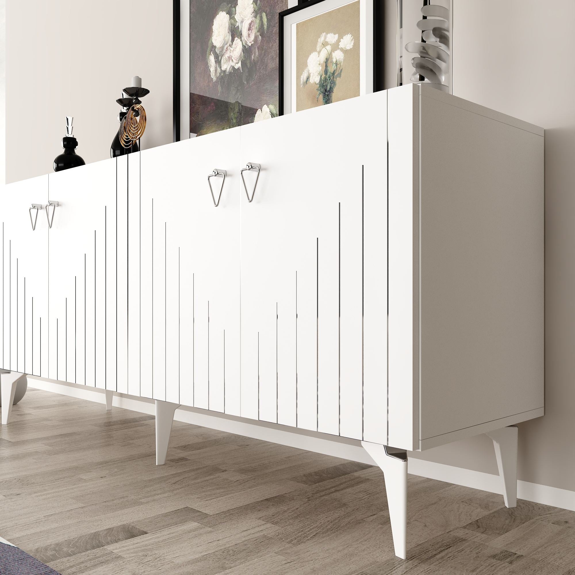 Aparador em aglomerado revestido de melamina – 150 cm – Branco e Prata