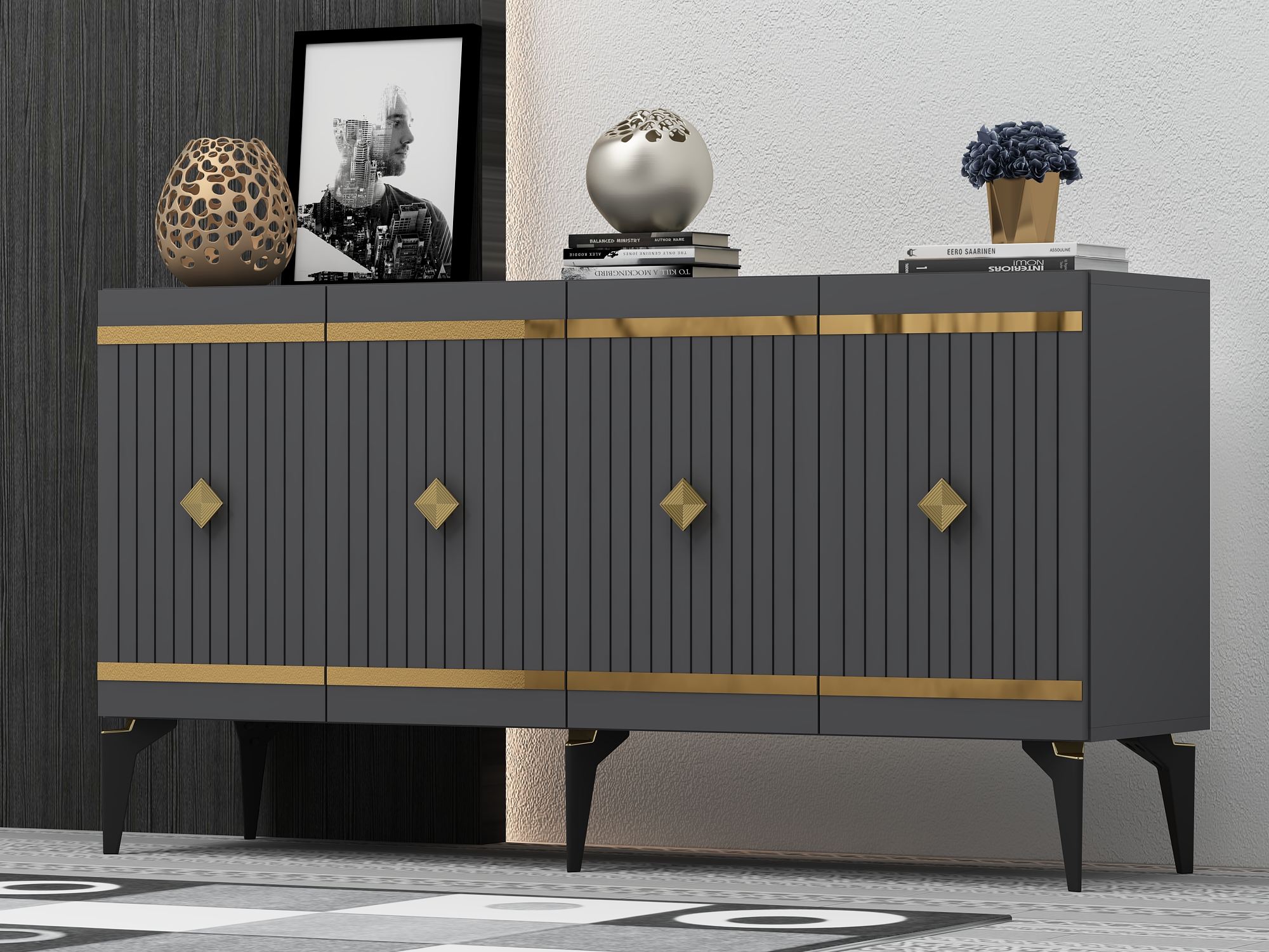 Aparador – 150 cm – Antracite e Ouro – Aglomerado revestido de melamina