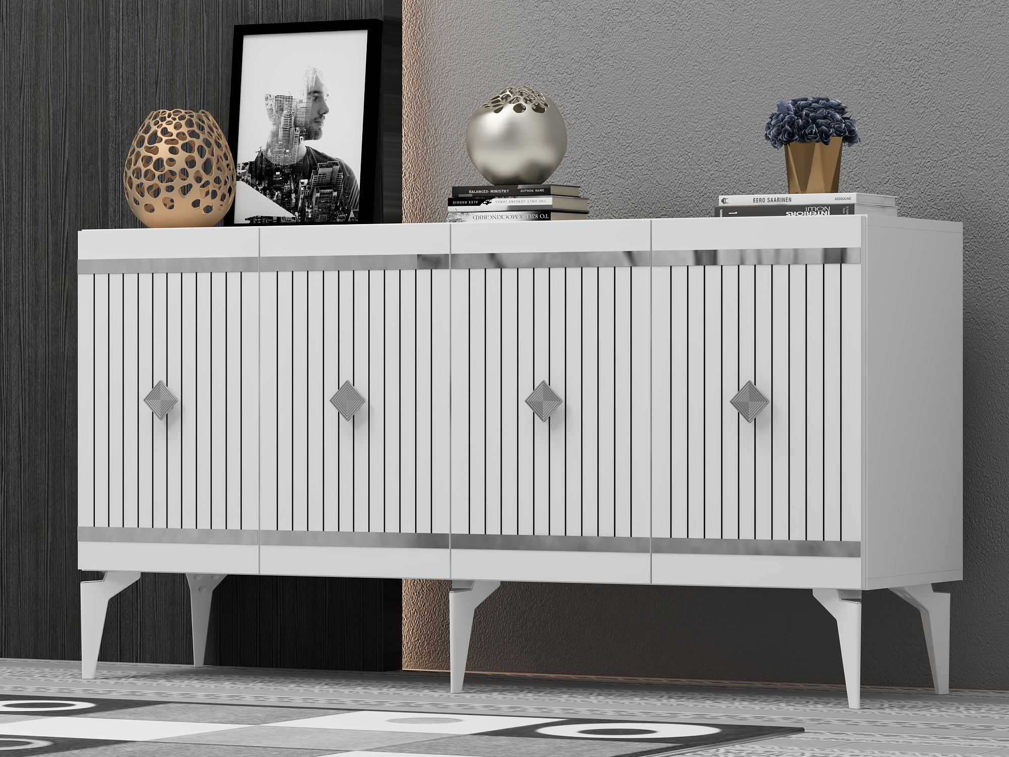 Aparador – 150cm x 79cm x 40cm – Branco e Prata – Aglomerado