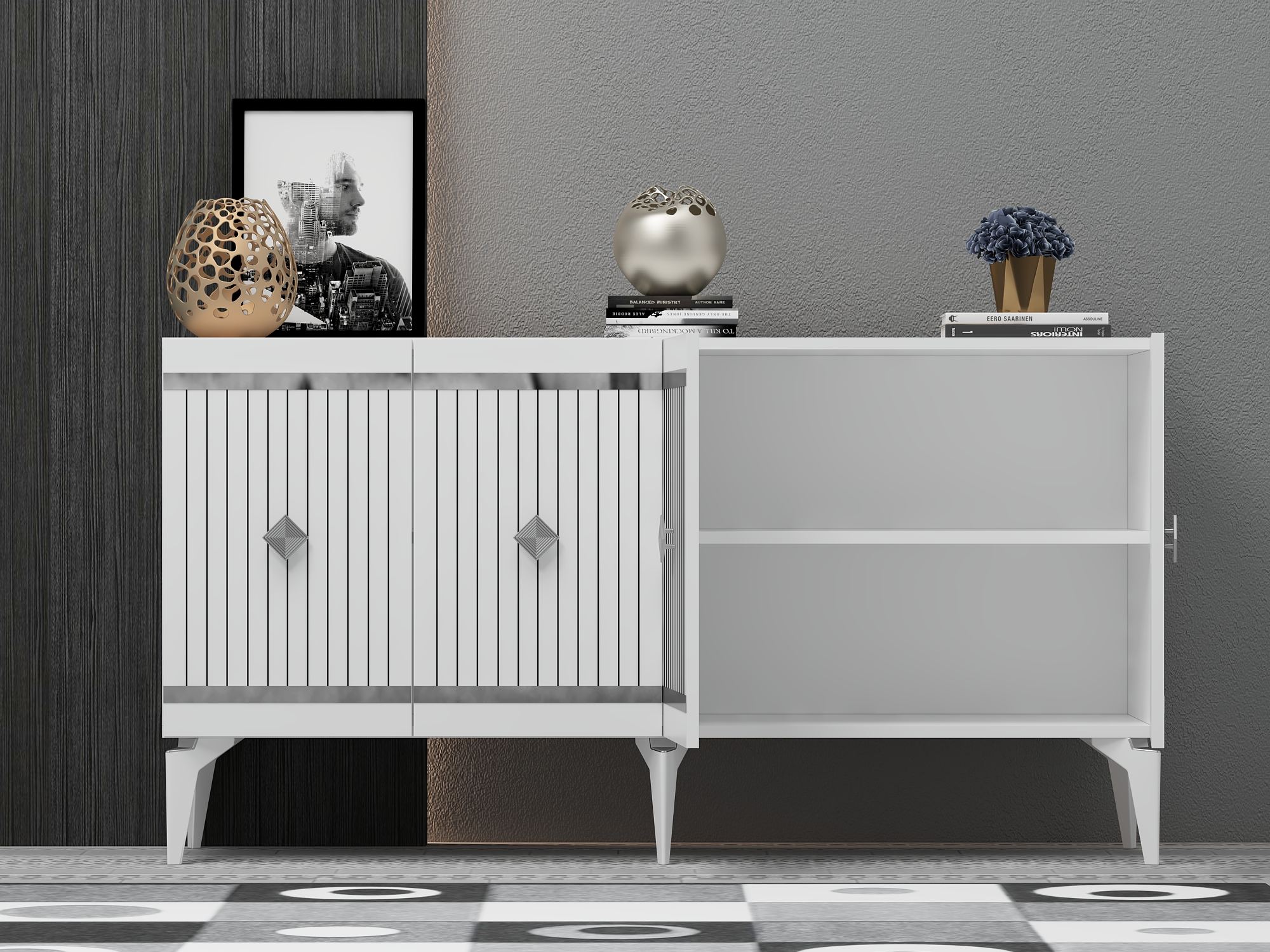 Aparador – 150cm x 79cm x 40cm – Branco e Prata – Aglomerado