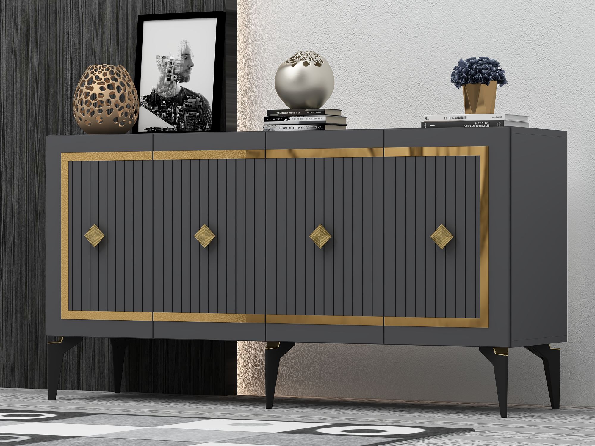 Aparador – 150 cm – Antracite e Ouro – Aglomerado revestido de melamina