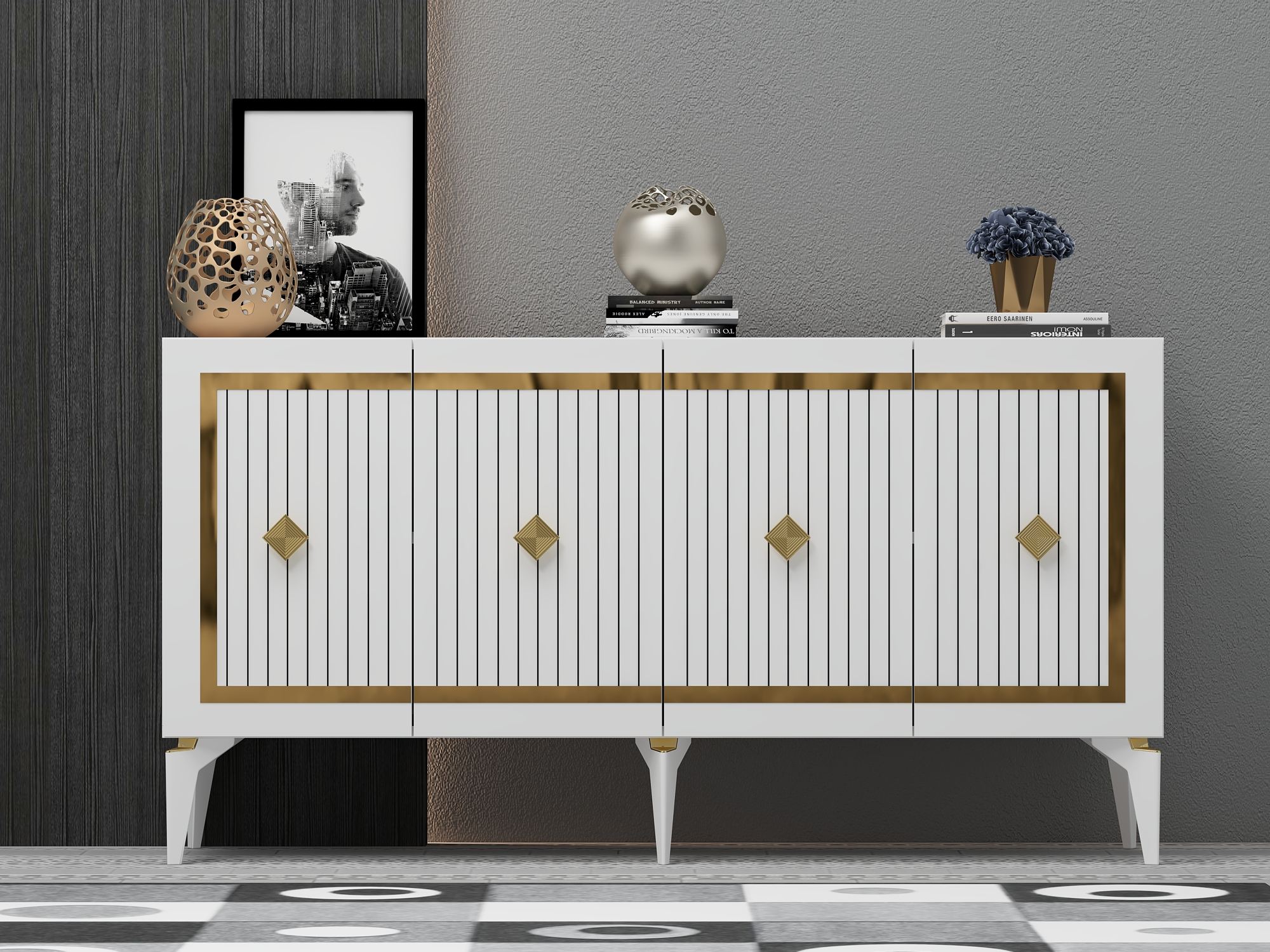 Aparador – 150 cm x 79 cm x 40 cm – Branco e Dourado – Aglomerado