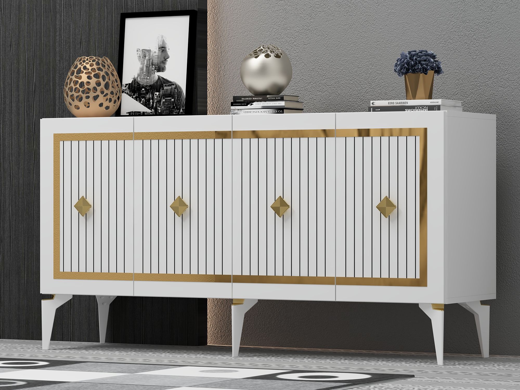 Aparador – 150 cm x 79 cm x 40 cm – Branco e Dourado – Aglomerado