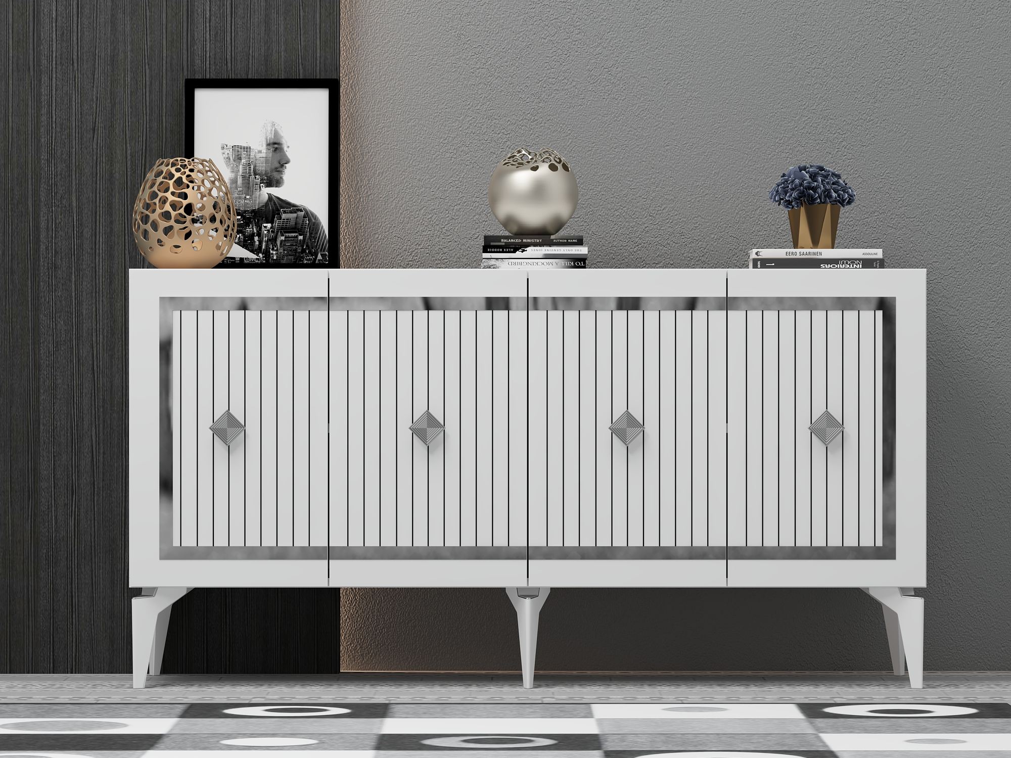 Aparador – 150cm x 79cm x 40cm – Branco e Prata – Aglomerado