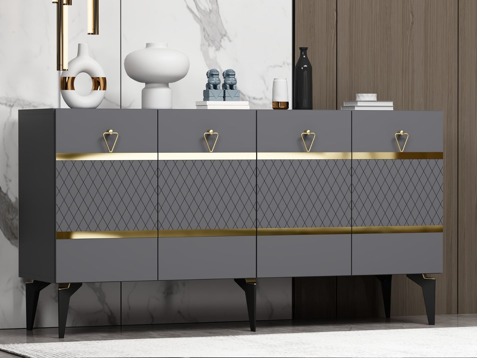 Aparador em Aglomerado Revestido de Melamina – 150 cm x 79 cm x 40 cm – Antracite e Ouro