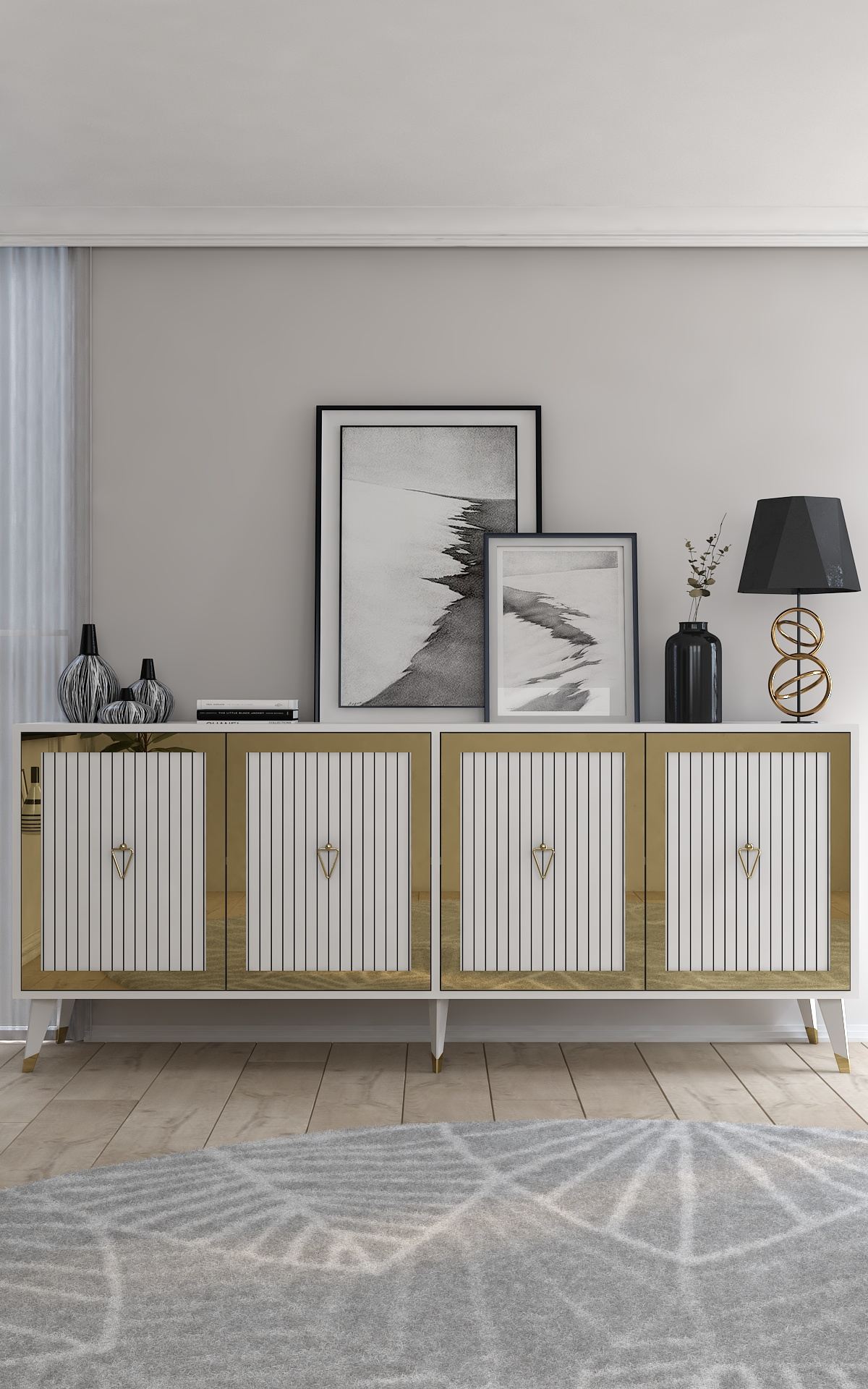 Aparador de Aglomerado – 180cm largura, 78.6cm altura, 35cm profundidade – Branco e Dourado – Aglomerado Revestido de Melamina