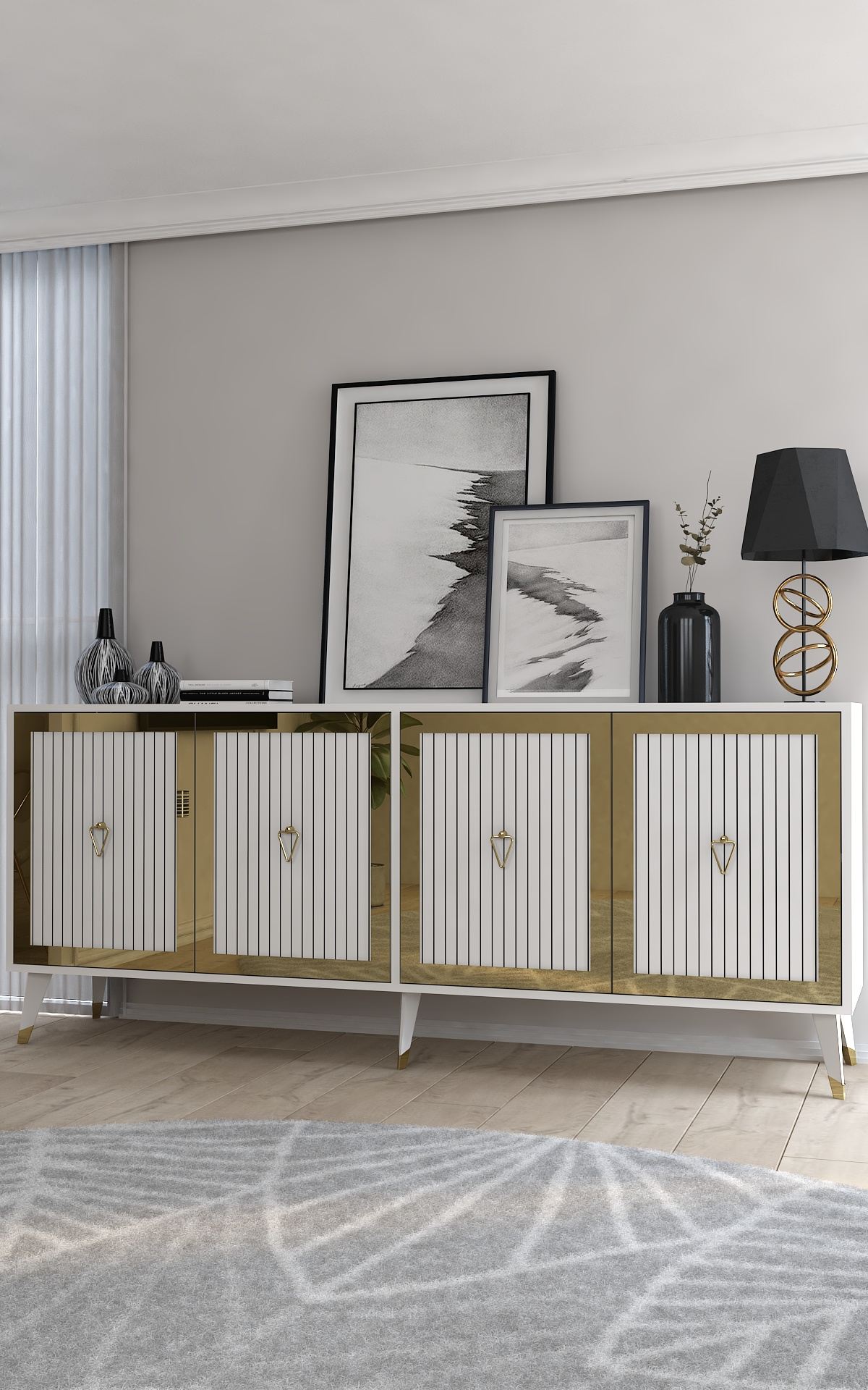 Aparador de Aglomerado – 180cm largura, 78.6cm altura, 35cm profundidade – Branco e Dourado – Aglomerado Revestido de Melamina
