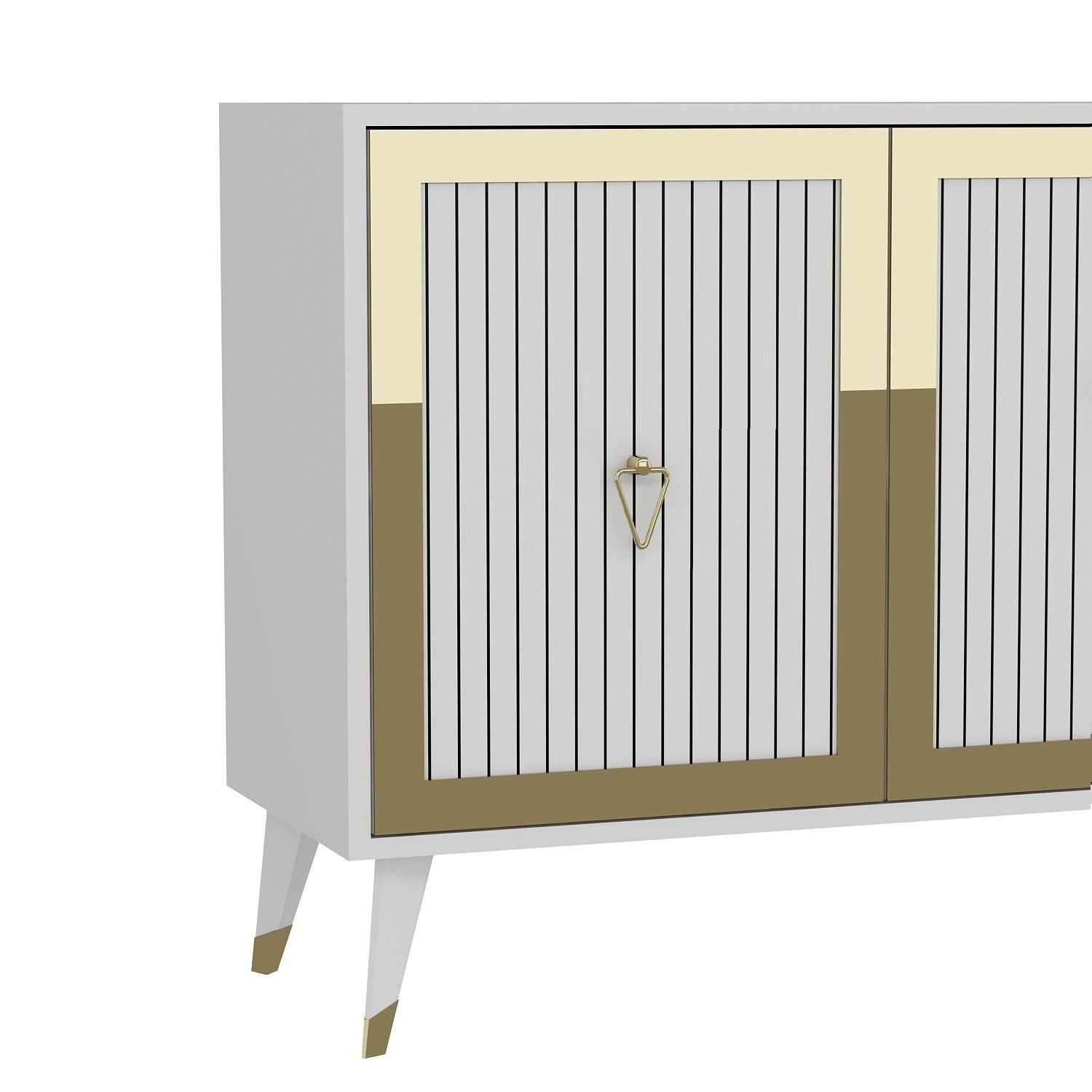 Aparador de Aglomerado – 180cm largura, 78.6cm altura, 35cm profundidade – Branco e Dourado – Aglomerado Revestido de Melamina
