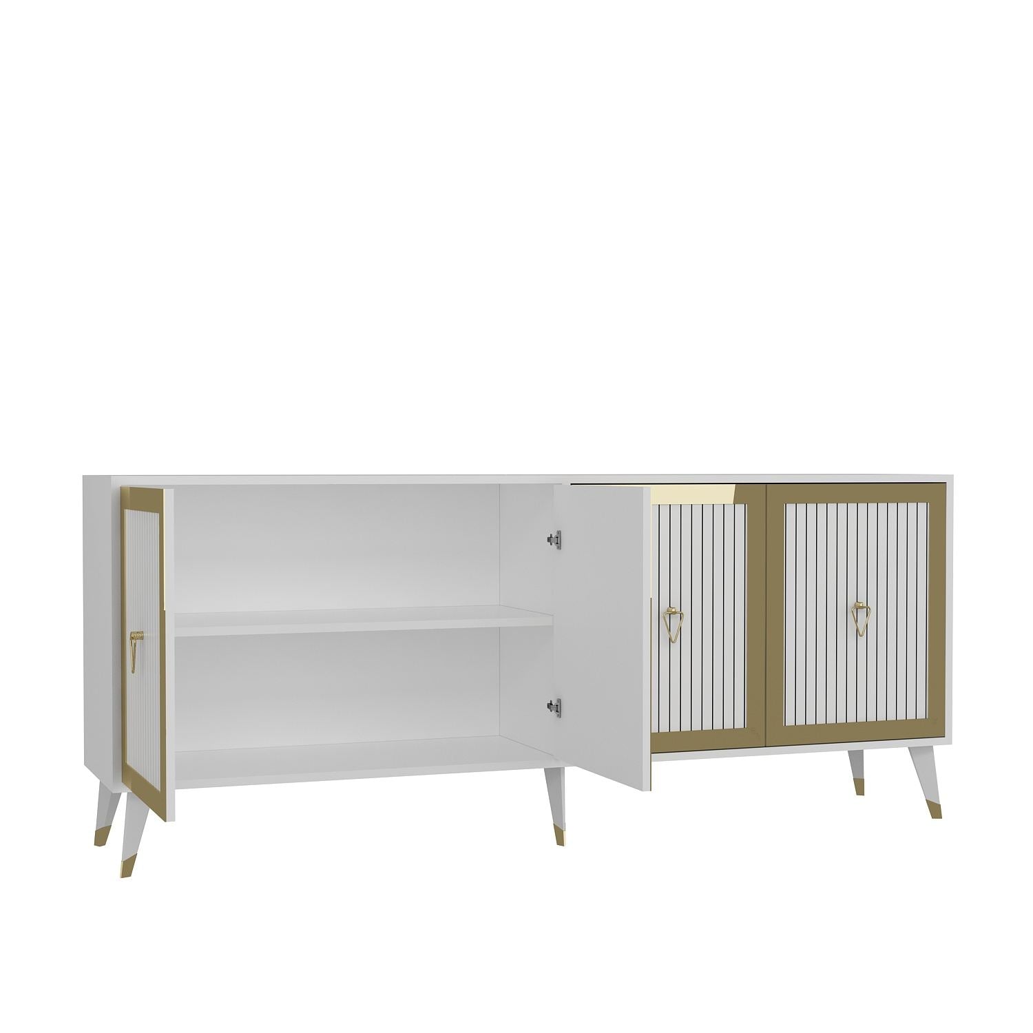 Aparador de Aglomerado – 180cm largura, 78.6cm altura, 35cm profundidade – Branco e Dourado – Aglomerado Revestido de Melamina