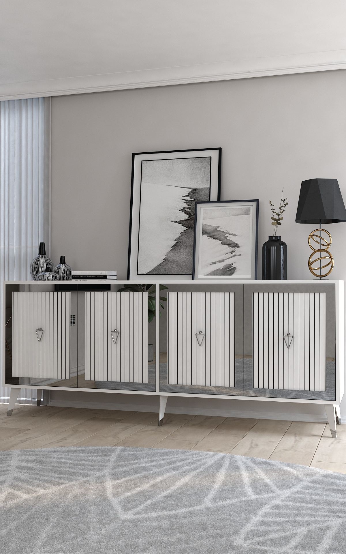 Aparador – 180 cm x 78,6 cm x 35 cm – Branco e Prata – Painel de partículas revestido de melamina