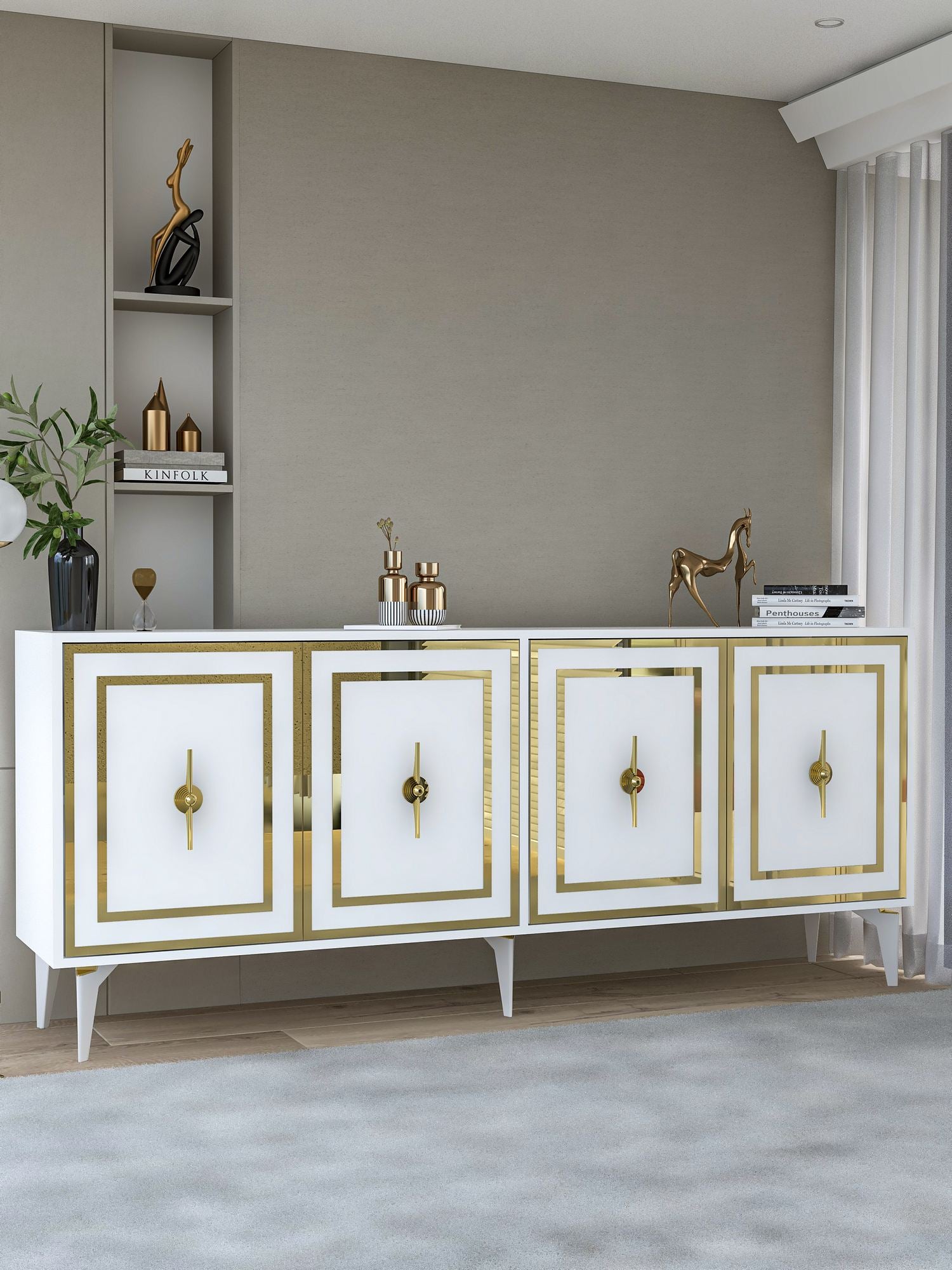 Aparador – 180cm x 78.6cm x 35cm – Branco e Dourado – Aglomerado