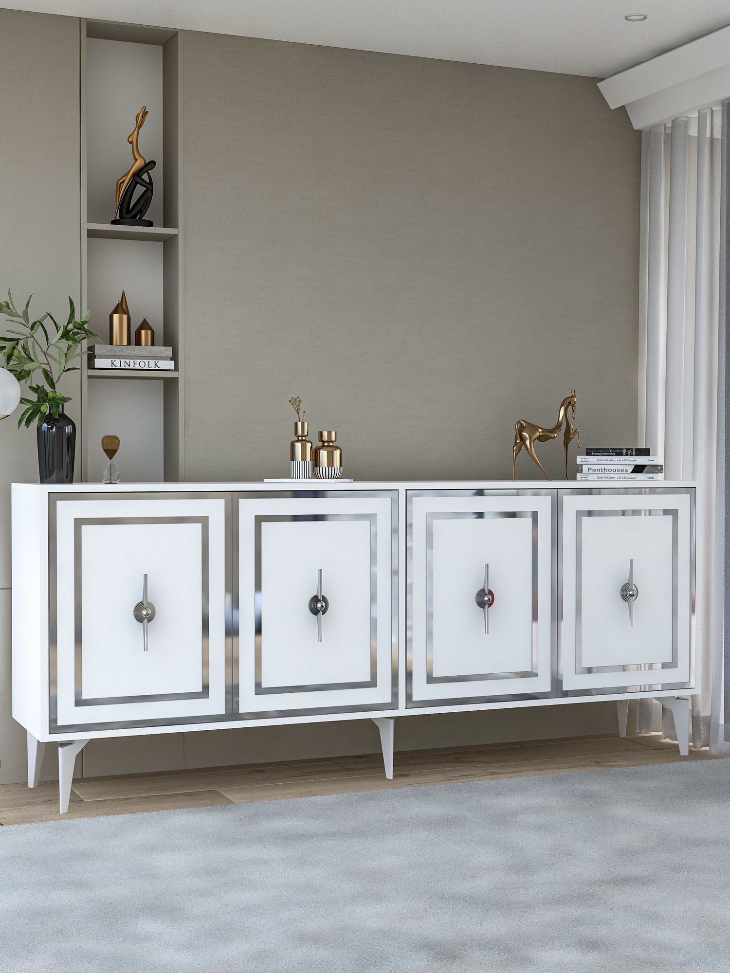 Aparador – 180 cm x 78,6 cm x 35 cm – Branco e Prata – Painel de partículas revestido de melamina