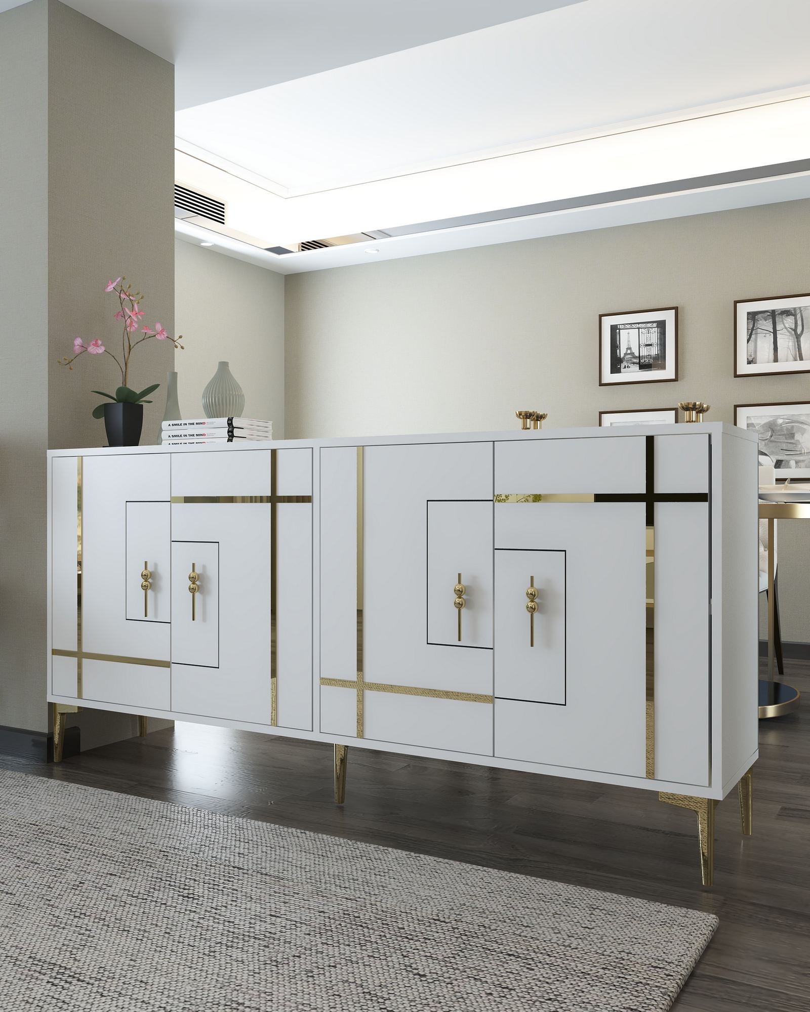 Aparador – 180cm x 78.6cm x 35cm – Branco e Dourado – MDF revestido de melamina
