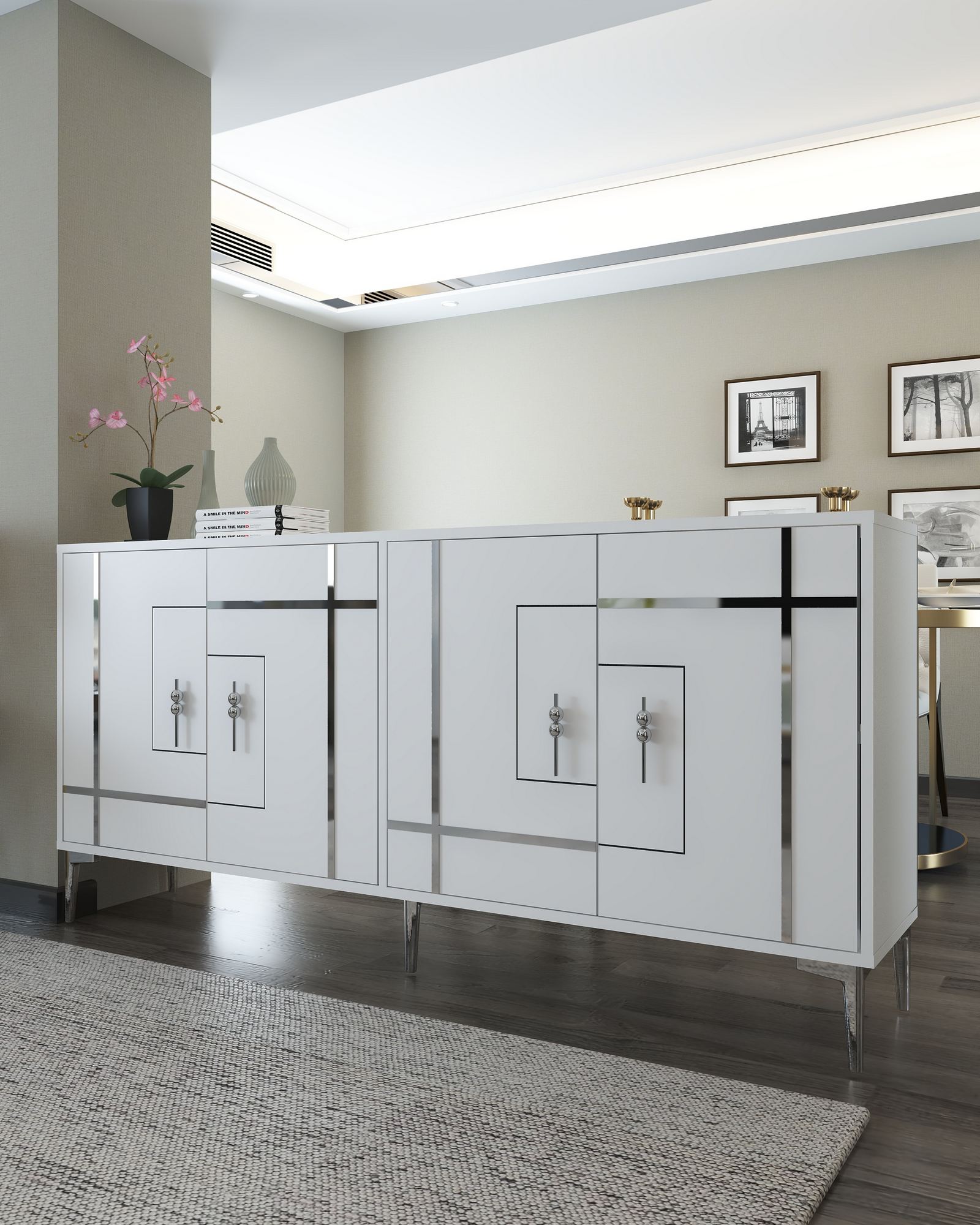 Aparador – 180 cm x 78,6 cm x 35 cm – Branco e Prata – Aglomerado
