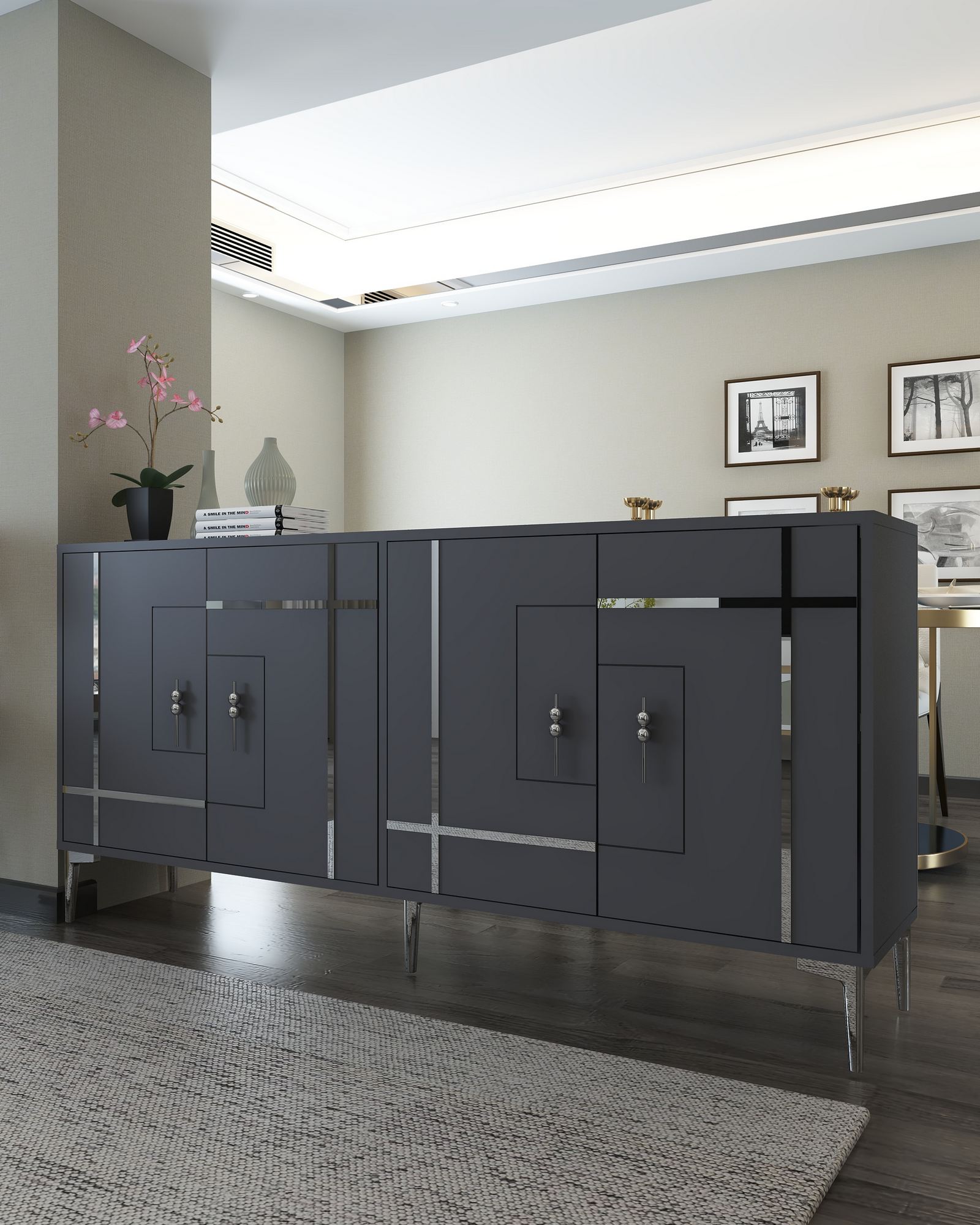 Aparador de Aglomerado – 180 cm x 78,6 cm x 35 cm – Antracite e Prata