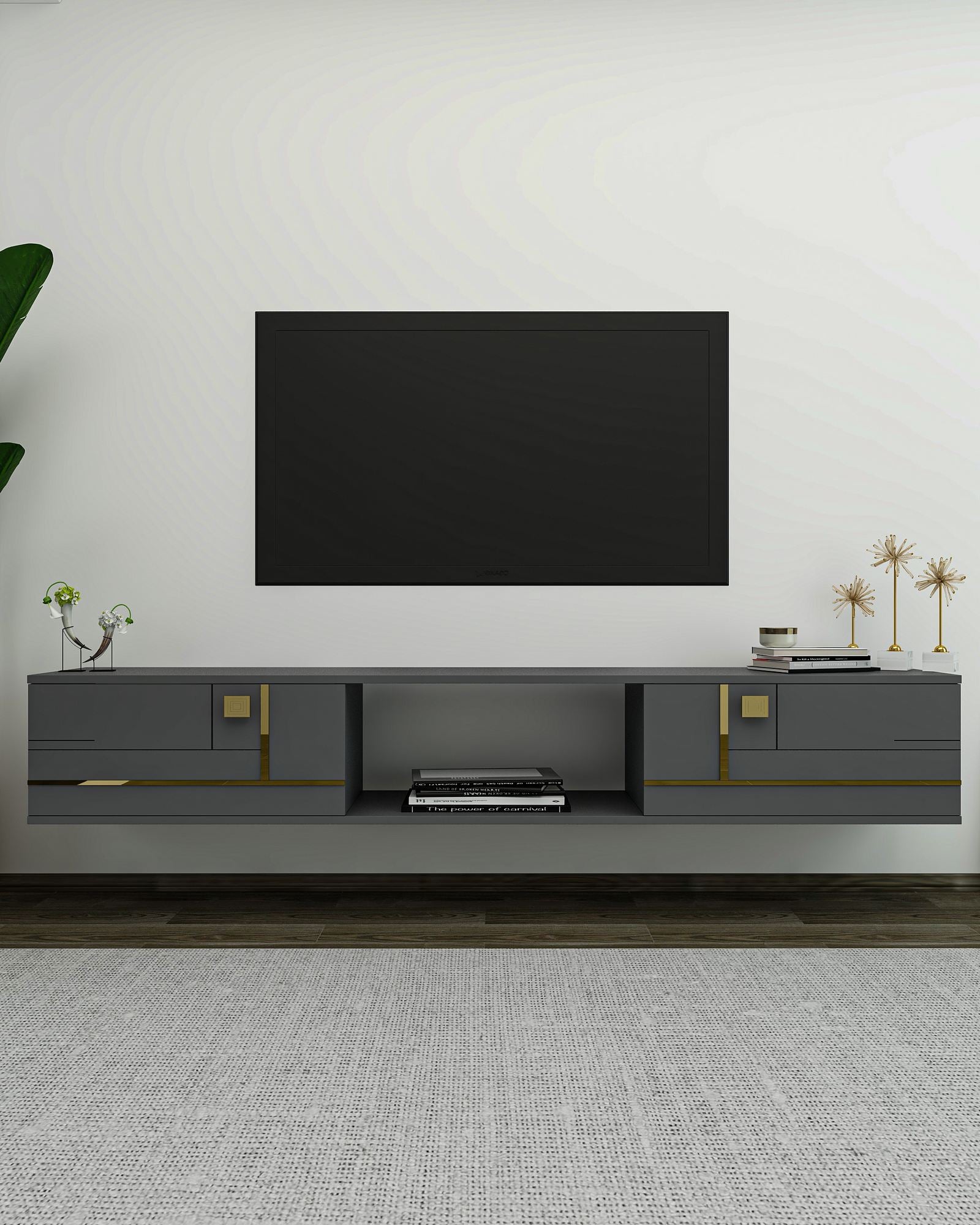 Móvel de TV – 150cm x 25.6cm x 29.6cm – Antracite e Ouro – MDF