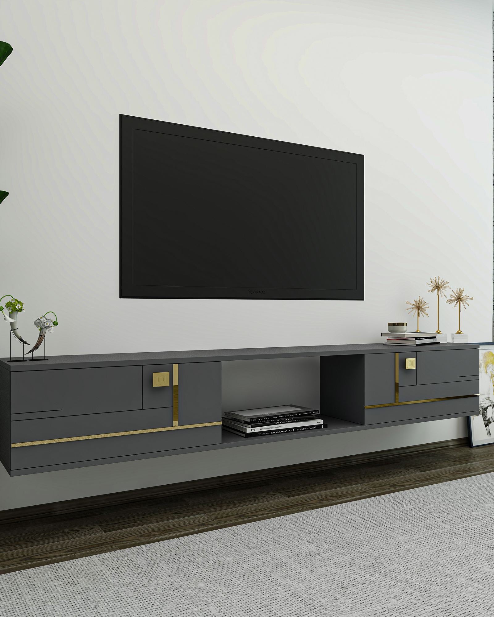 Móvel de TV – 150cm x 25.6cm x 29.6cm – Antracite e Ouro – MDF