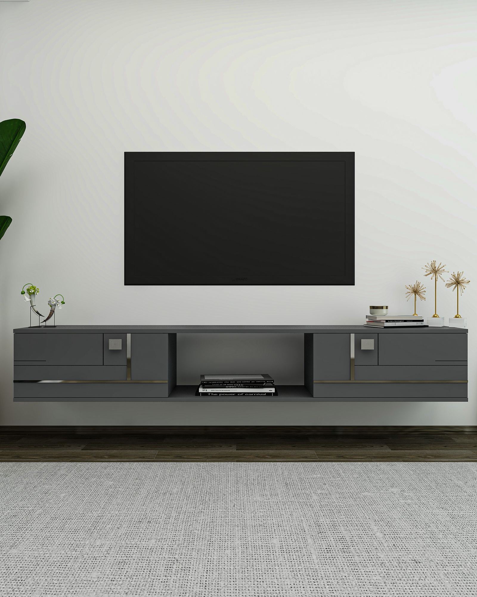 Móvel de TV – 150 cm – Antracite e Prata – MDF Revestido de Melamina