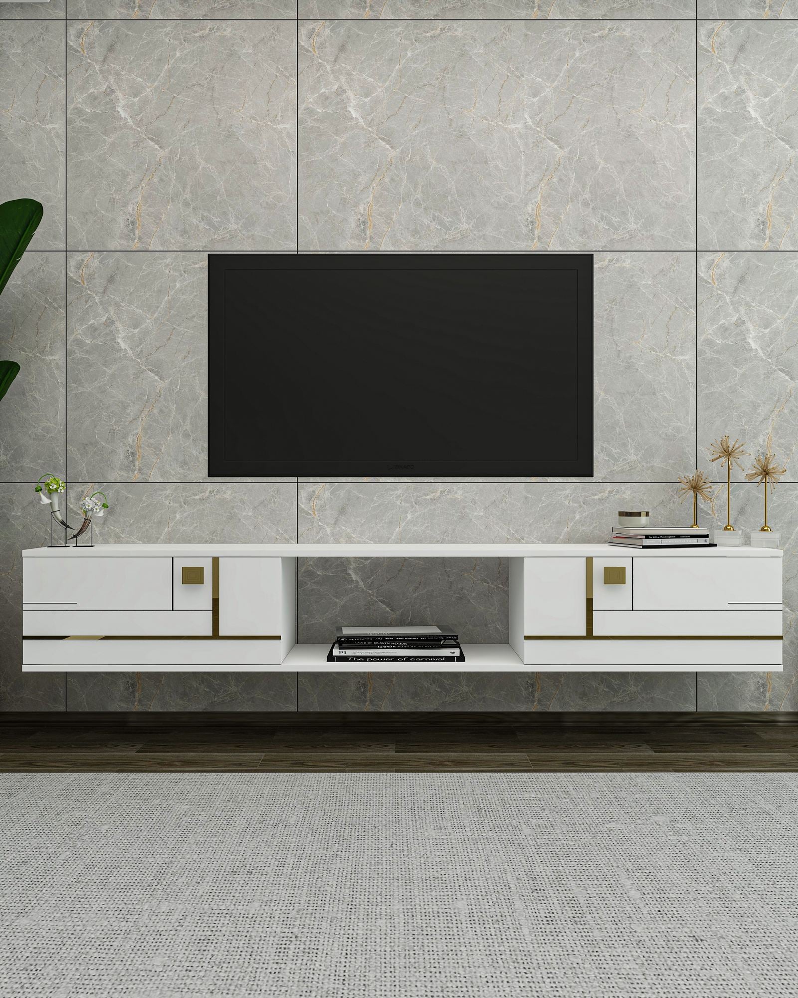 Móvel de TV – 150cm x 25.6cm x 29.6cm – Branco e Dourado – MDF
