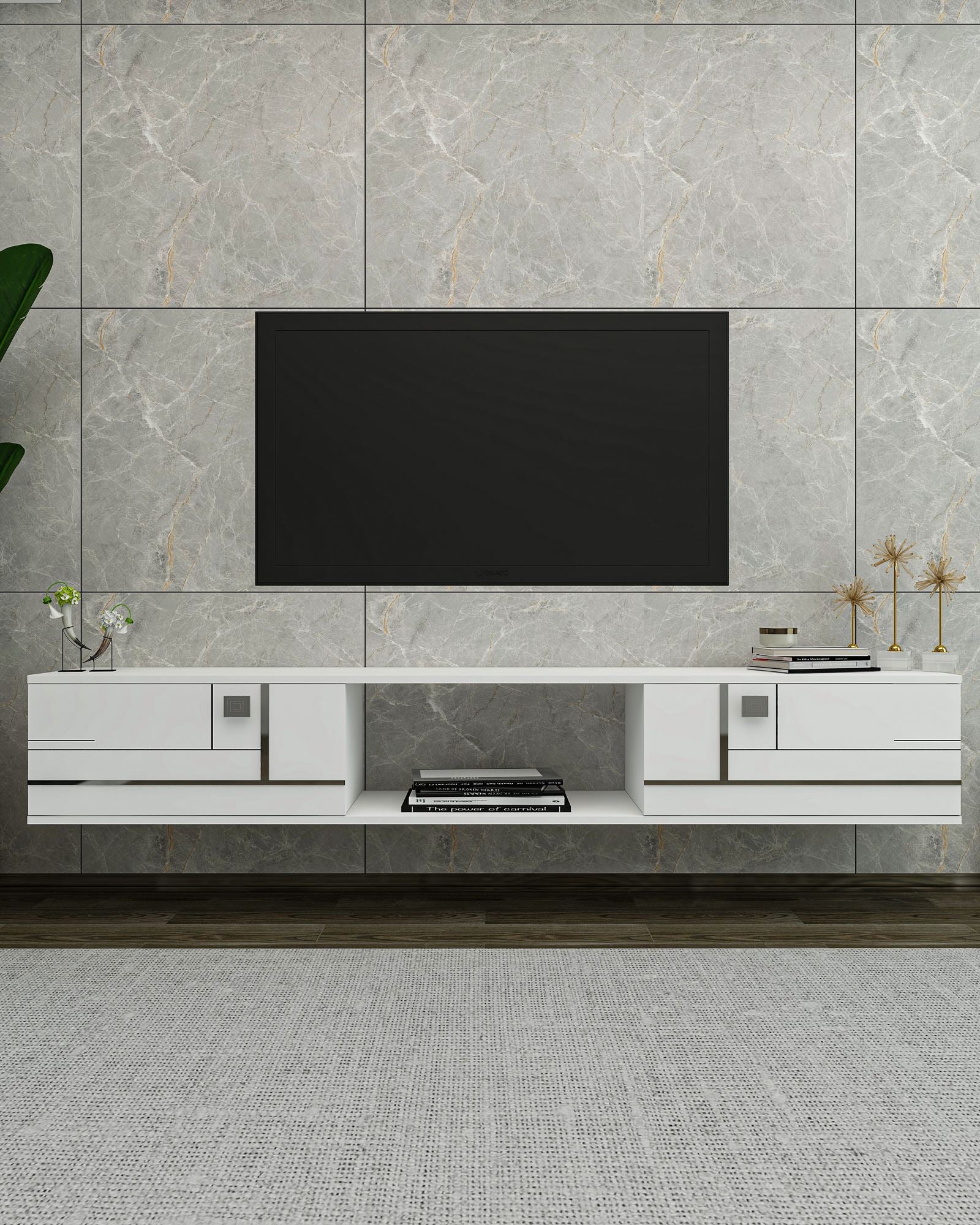 Móvel de TV – 150 cm x 25,6 cm x 29,6 cm – Branco e Prata – Painel de partículas revestido em melamina