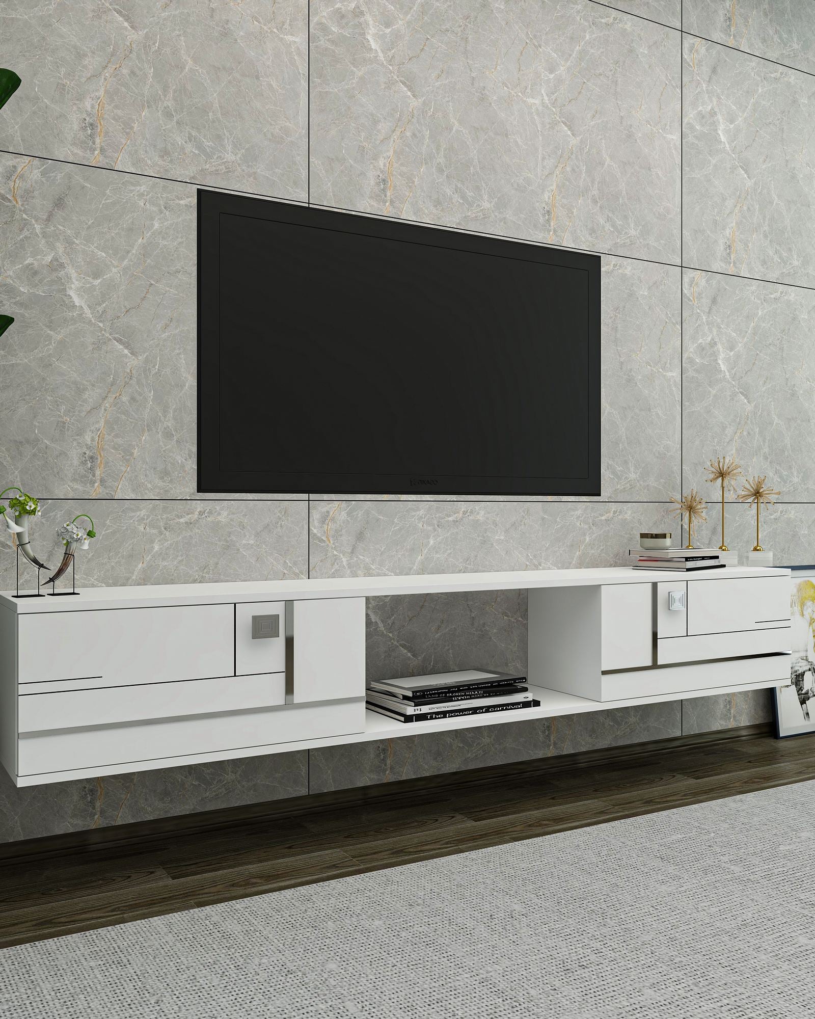 Móvel de TV – 150 cm x 25,6 cm x 29,6 cm – Branco e Prata – Painel de partículas revestido em melamina