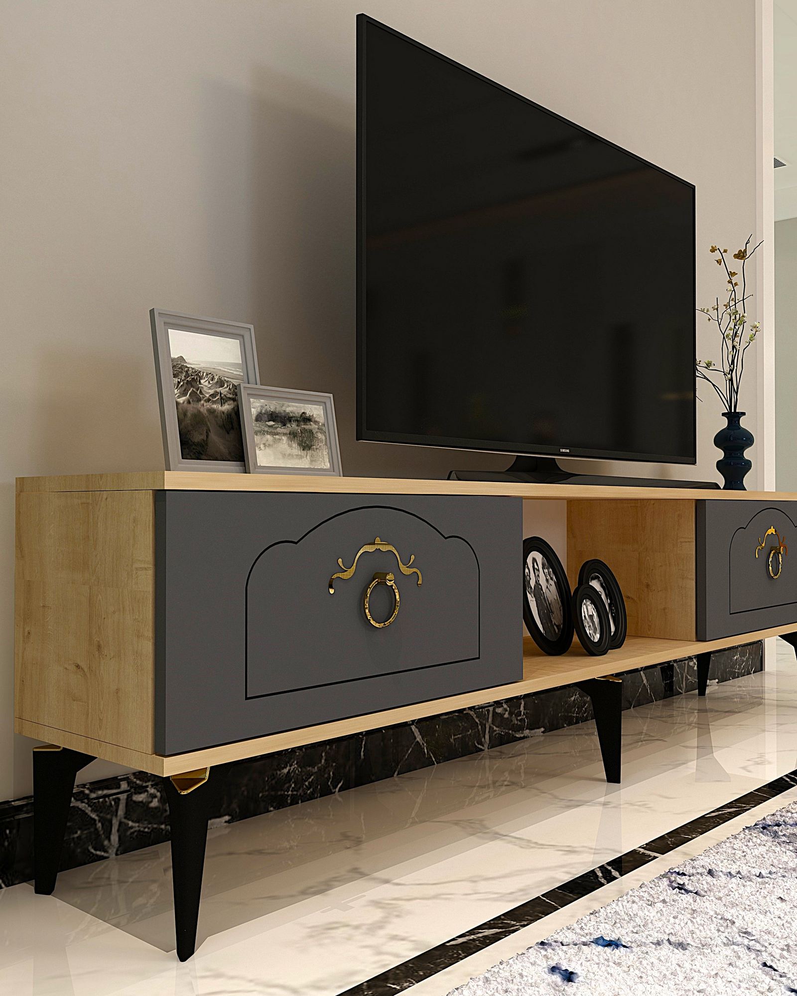 Móvel de TV – 150 cm x 44,6 cm x 29,6 cm – Carvalho Safira e Antracite – Painel de partículas