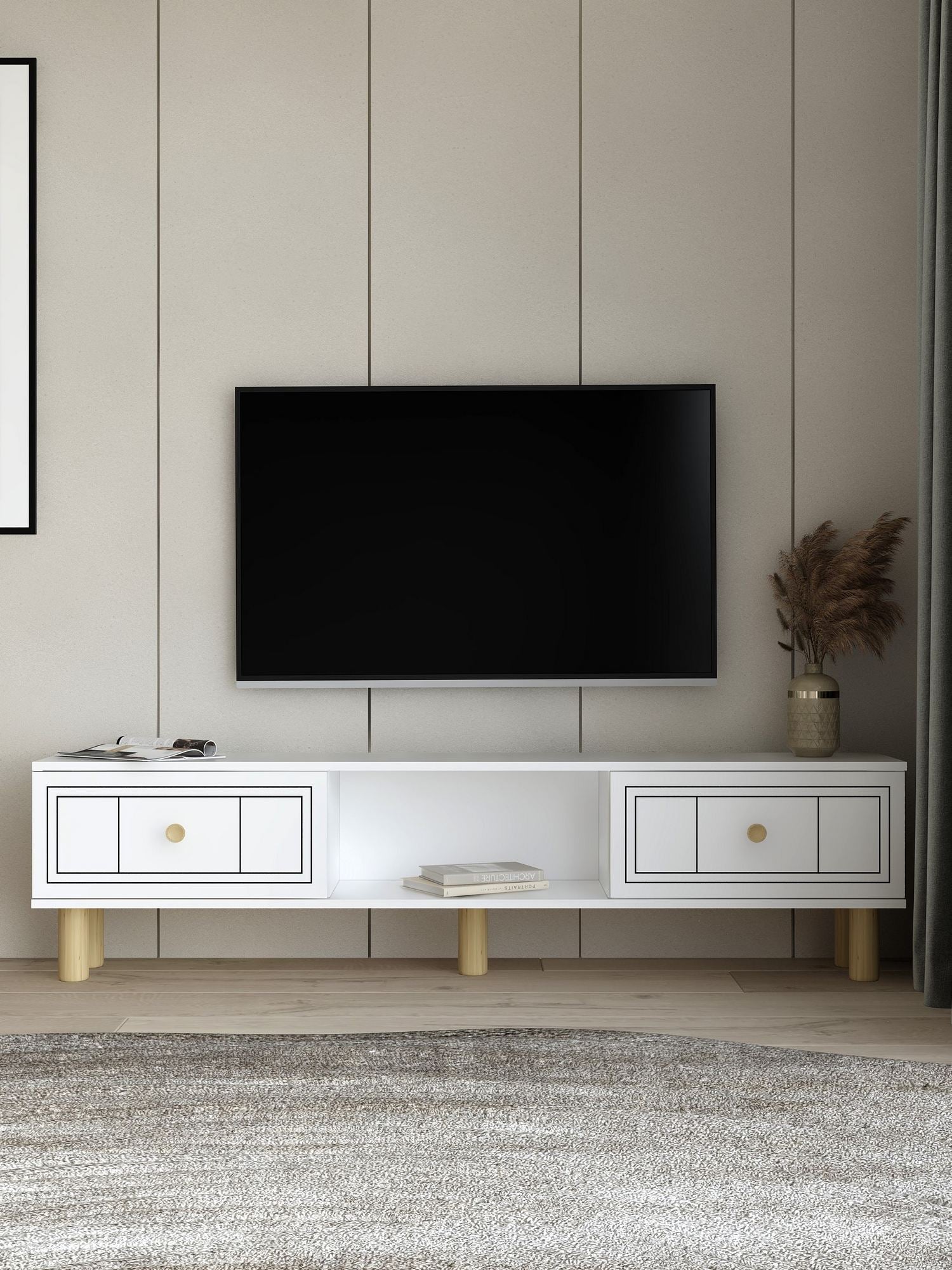 Móvel de TV – 150 cm x 40,6 cm – Branco – Aglomerado revestido de melamina
