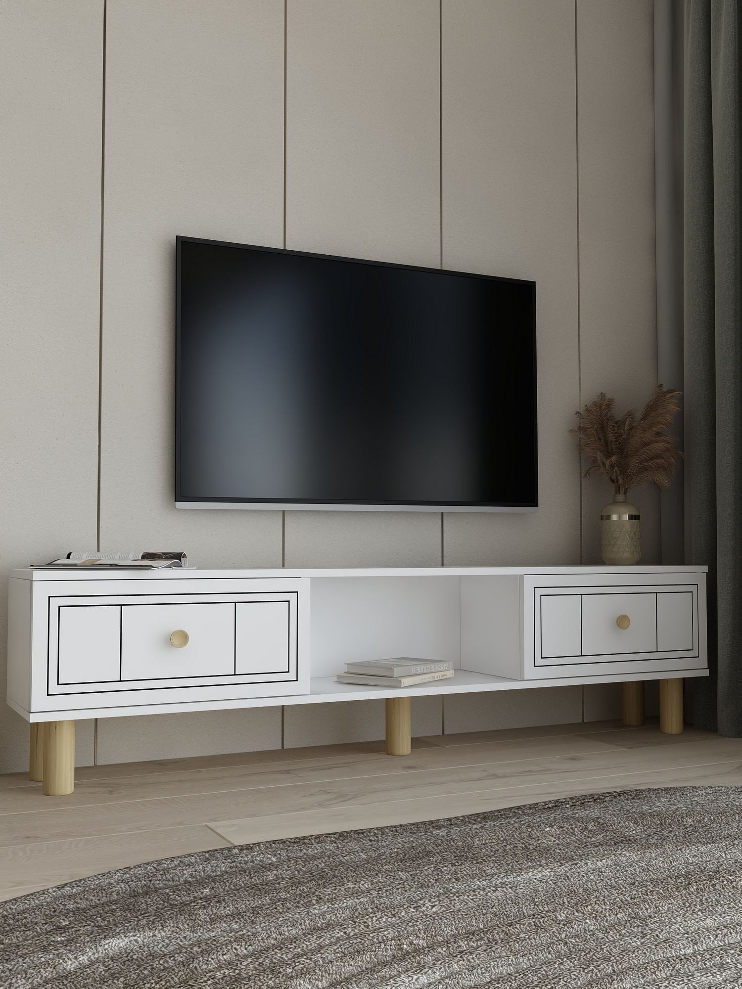 Móvel de TV – 150 cm x 40,6 cm – Branco – Aglomerado revestido de melamina