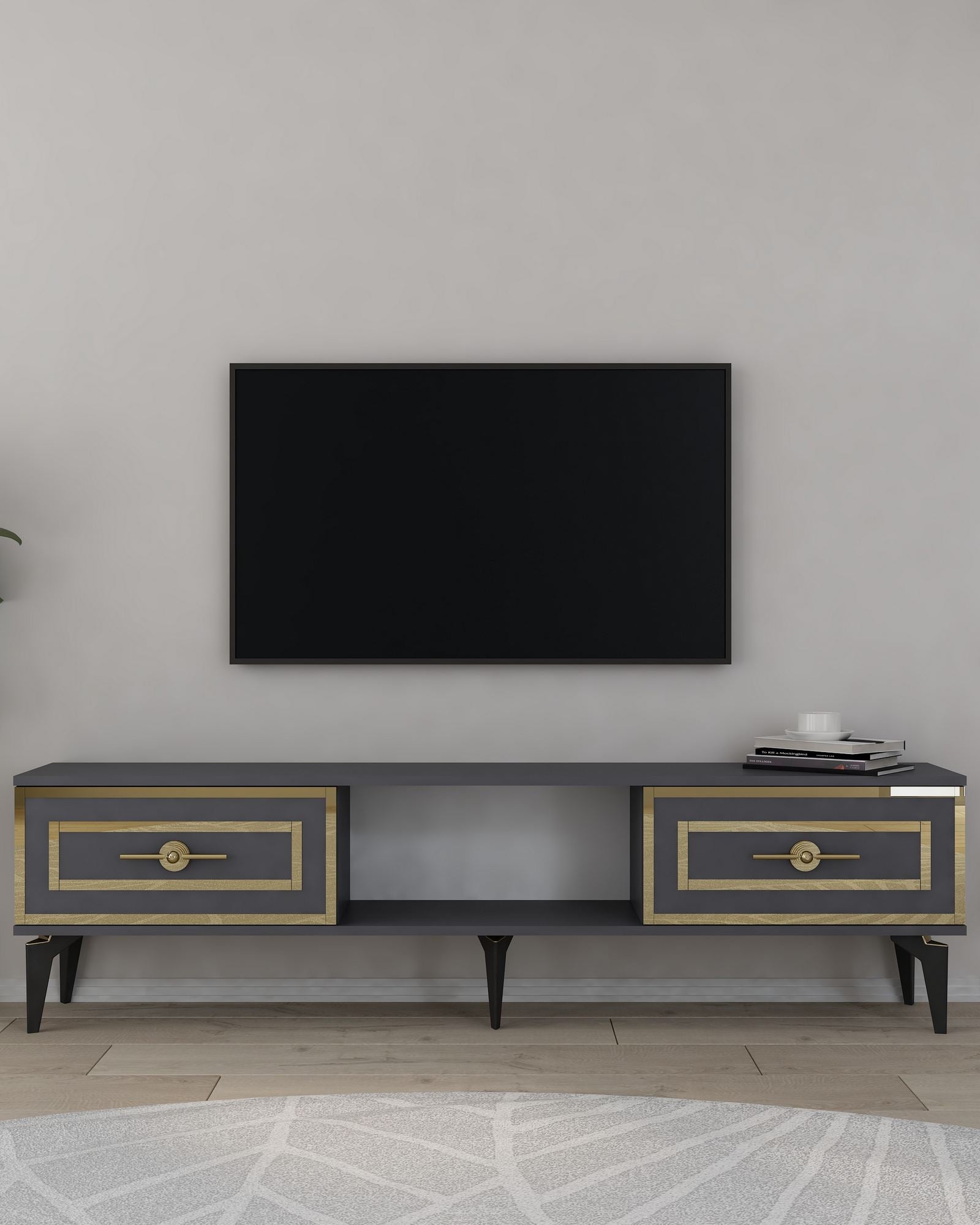 Móvel de TV – 150 cm – Antracite e Ouro – MDF