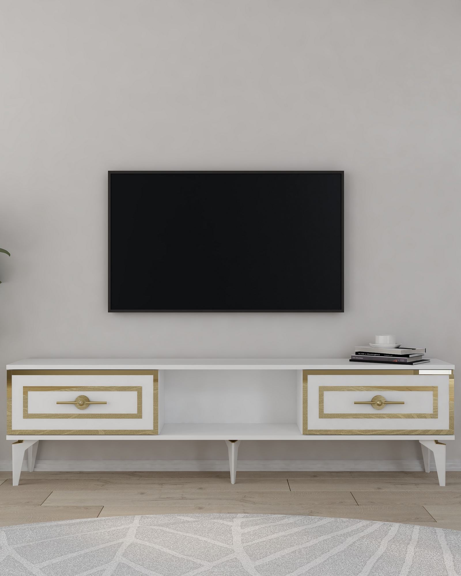 Móvel de TV – 150cm x 44.6cm x 29.6cm – Branco e Dourado – Painel de Partículas