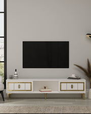 Móvel de TV – 150cm x 44.6cm x 29.6cm – Branco e Dourado – Painel de Partículas Revestido de Melamina