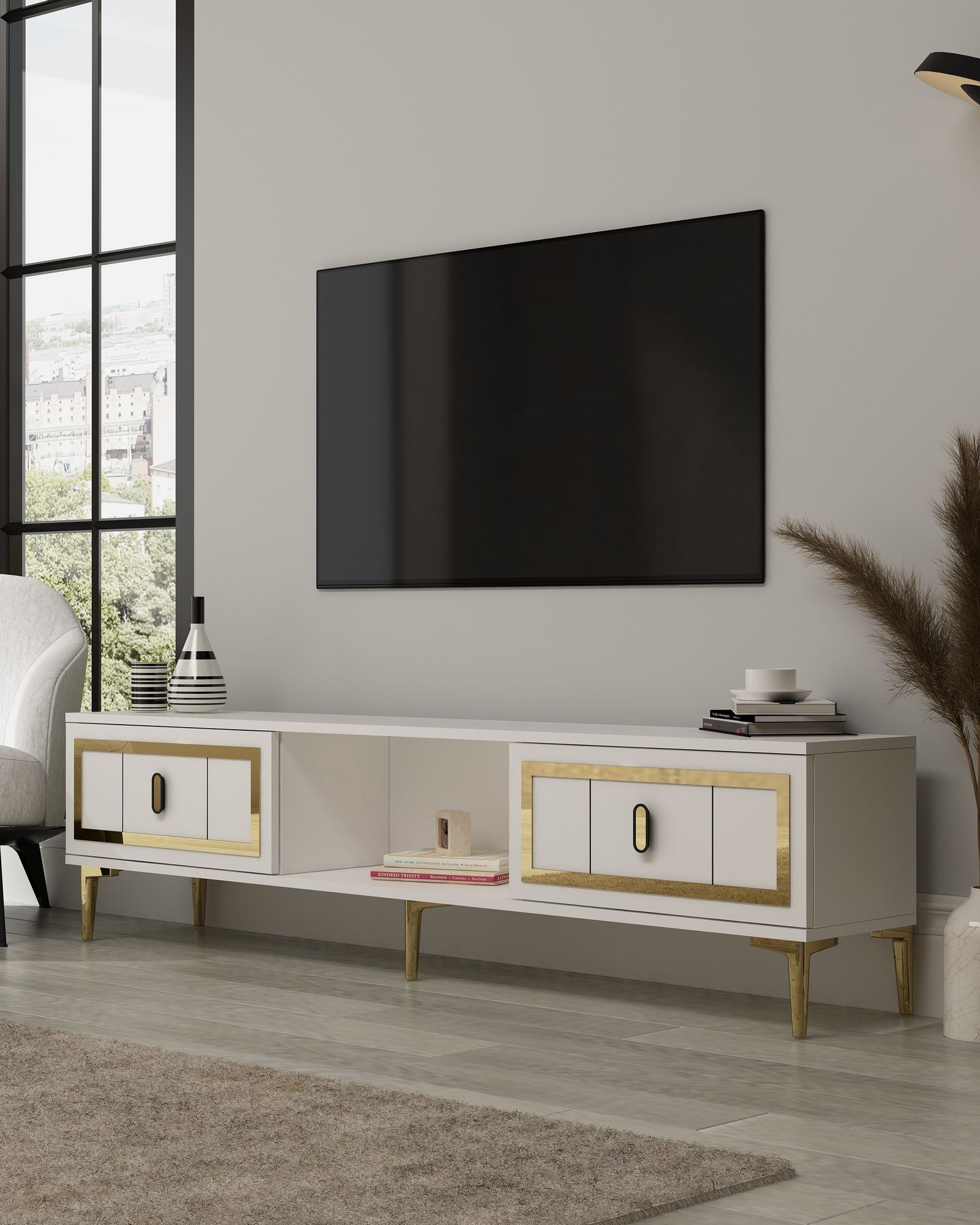 Móvel de TV – 150cm x 44.6cm x 29.6cm – Branco e Dourado – Painel de Partículas Revestido de Melamina
