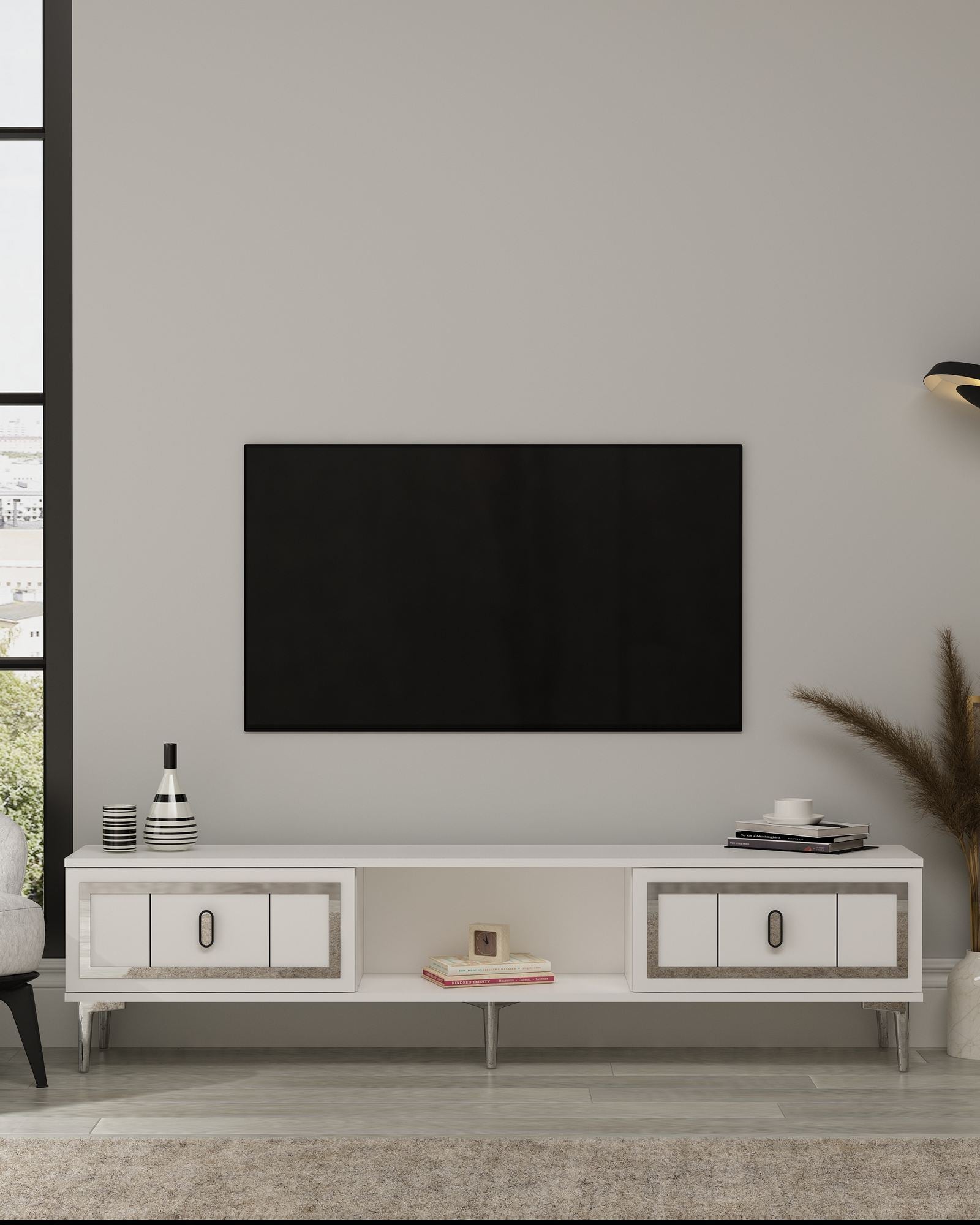 Móvel de TV – 150cm x 44,6cm x 29,6cm – Branco e Prata – Aglomerado revestido de melamina
