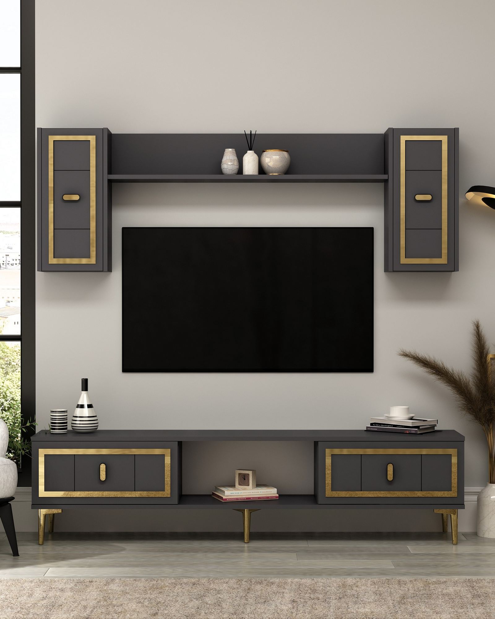 Estante para TV – 150 cm x 44,6 cm x 29,6 cm – Antracite e Dourado – MDF