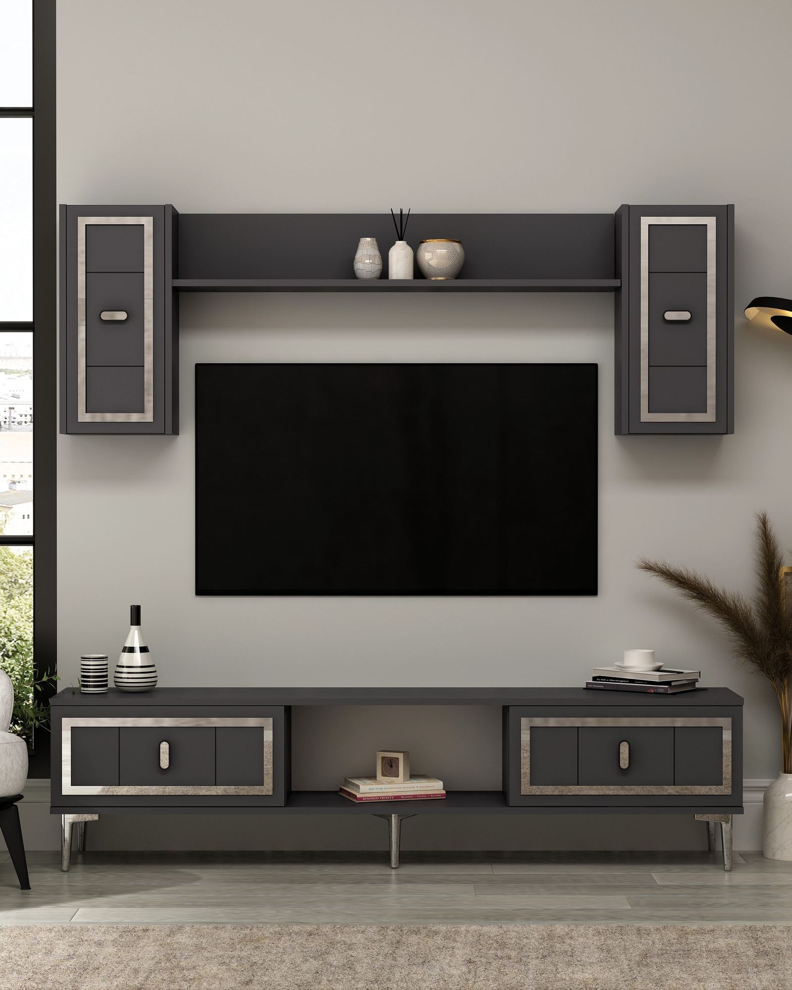 Móvel de TV – 150 cm x 44,6 cm x 29,6 cm – Antracite e Prata – Painel de partículas revestido em melamina