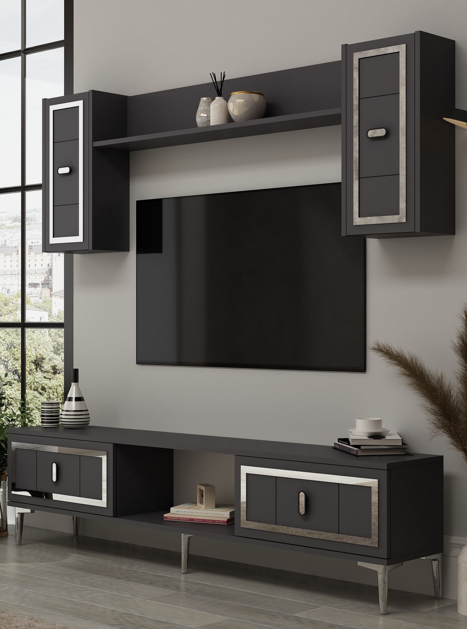 Móvel de TV – 150 cm x 44,6 cm x 29,6 cm – Antracite e Prata – Painel de partículas revestido em melamina