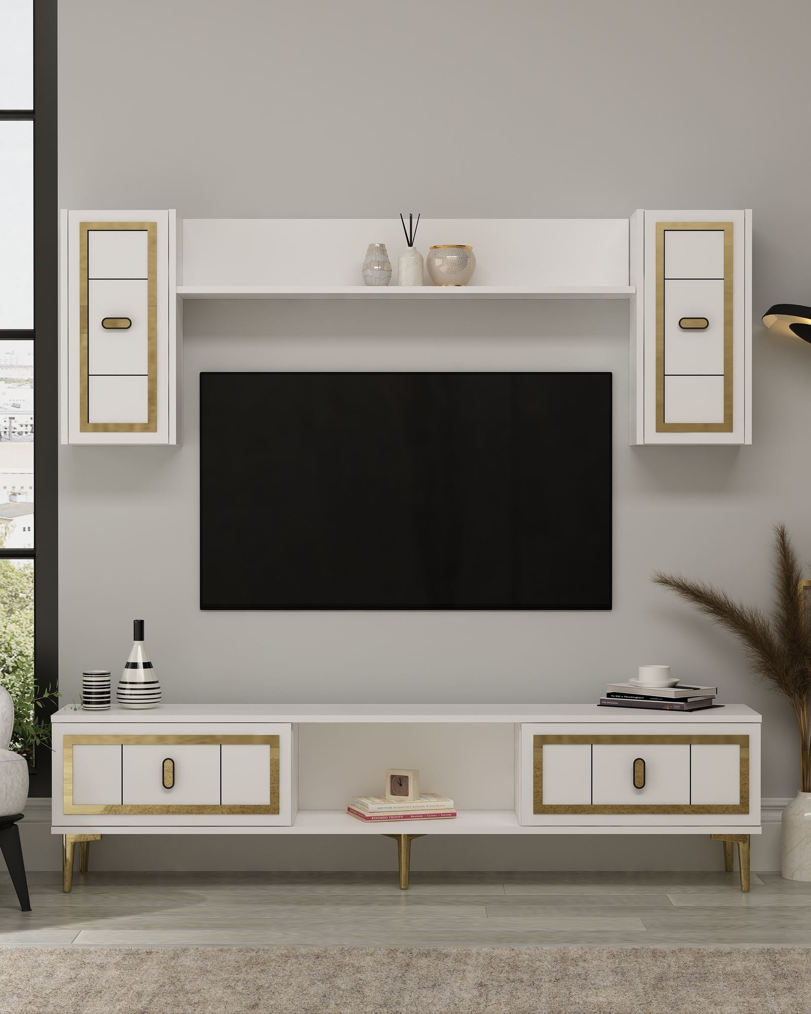 Estante para TV – 150cm x 44.6cm x 29.6cm – Branco e Dourado – MDF