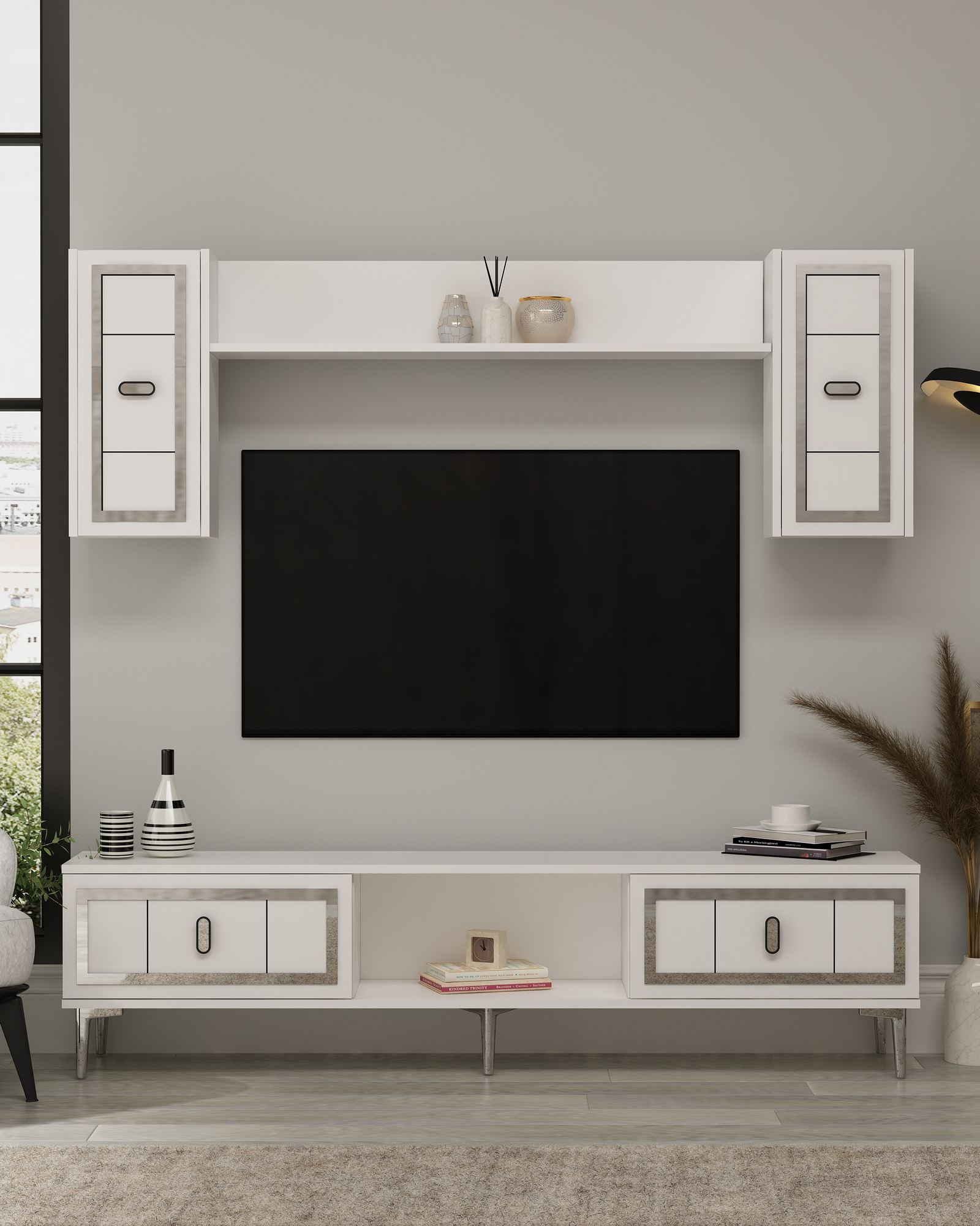 Móvel de TV – 150cm x 44.6cm x 29.6cm – Branco e Prata – MDF