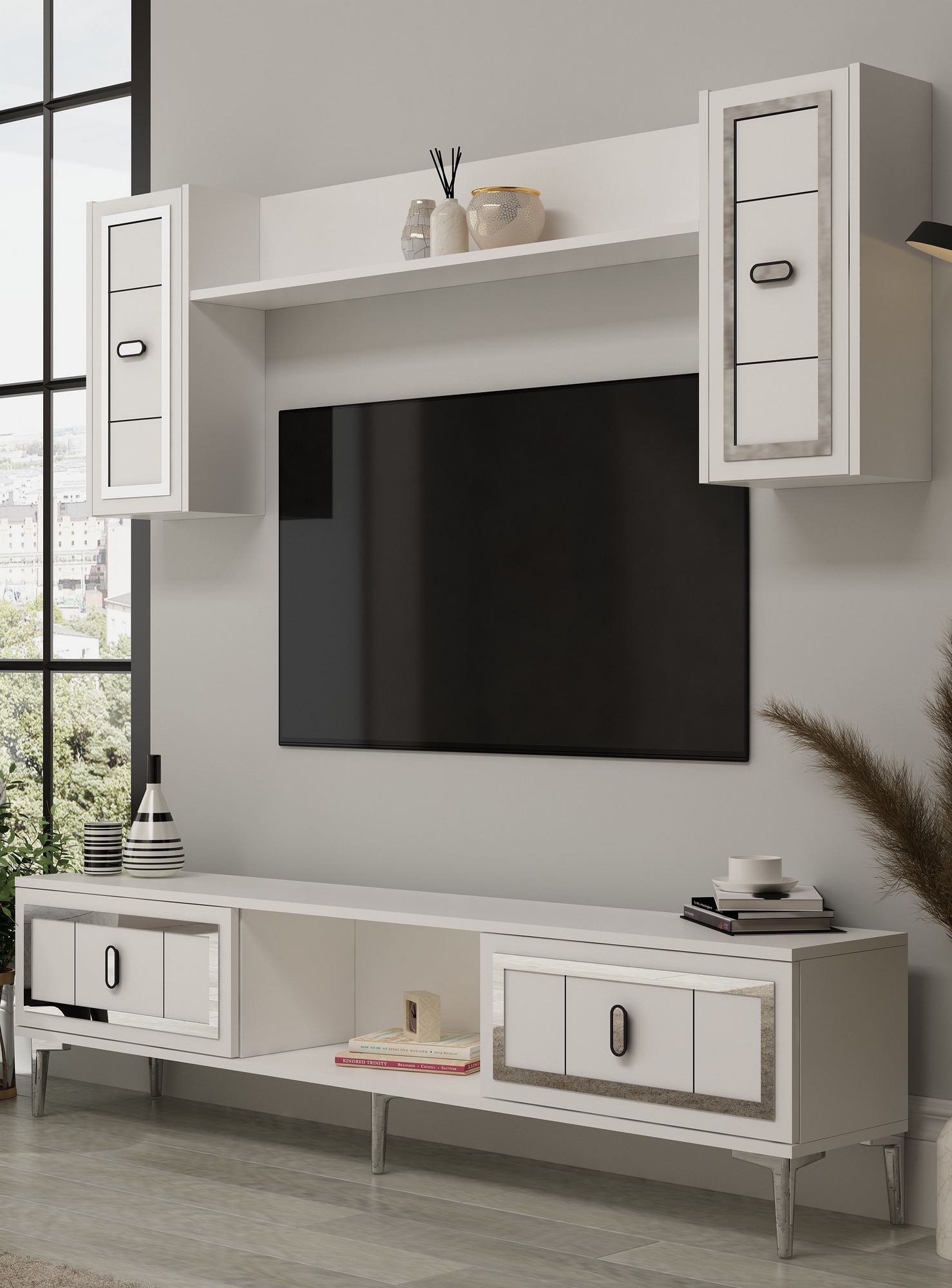 Móvel de TV – 150cm x 44.6cm x 29.6cm – Branco e Prata – MDF