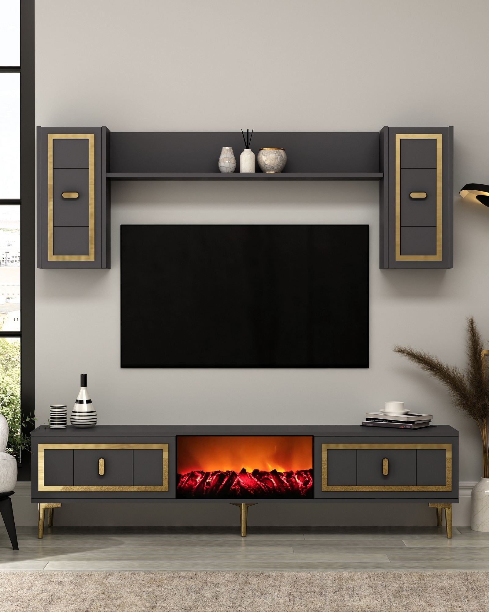 Móvel de TV – 150cm x 44.6cm x 29.6cm – Antracite e Dourado – MDF revestido de melamina