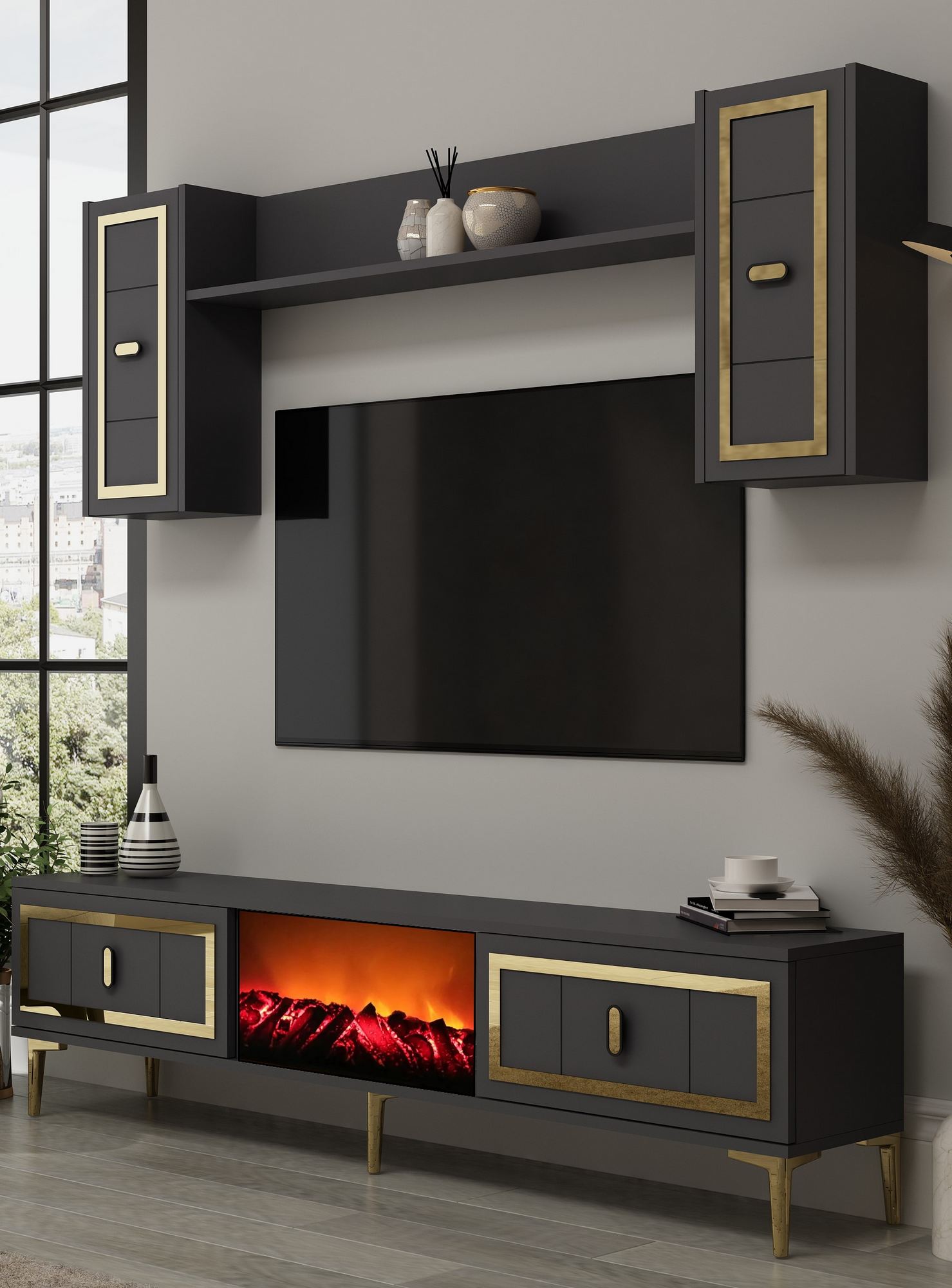 Móvel de TV – 150cm x 44.6cm x 29.6cm – Antracite e Dourado – MDF revestido de melamina