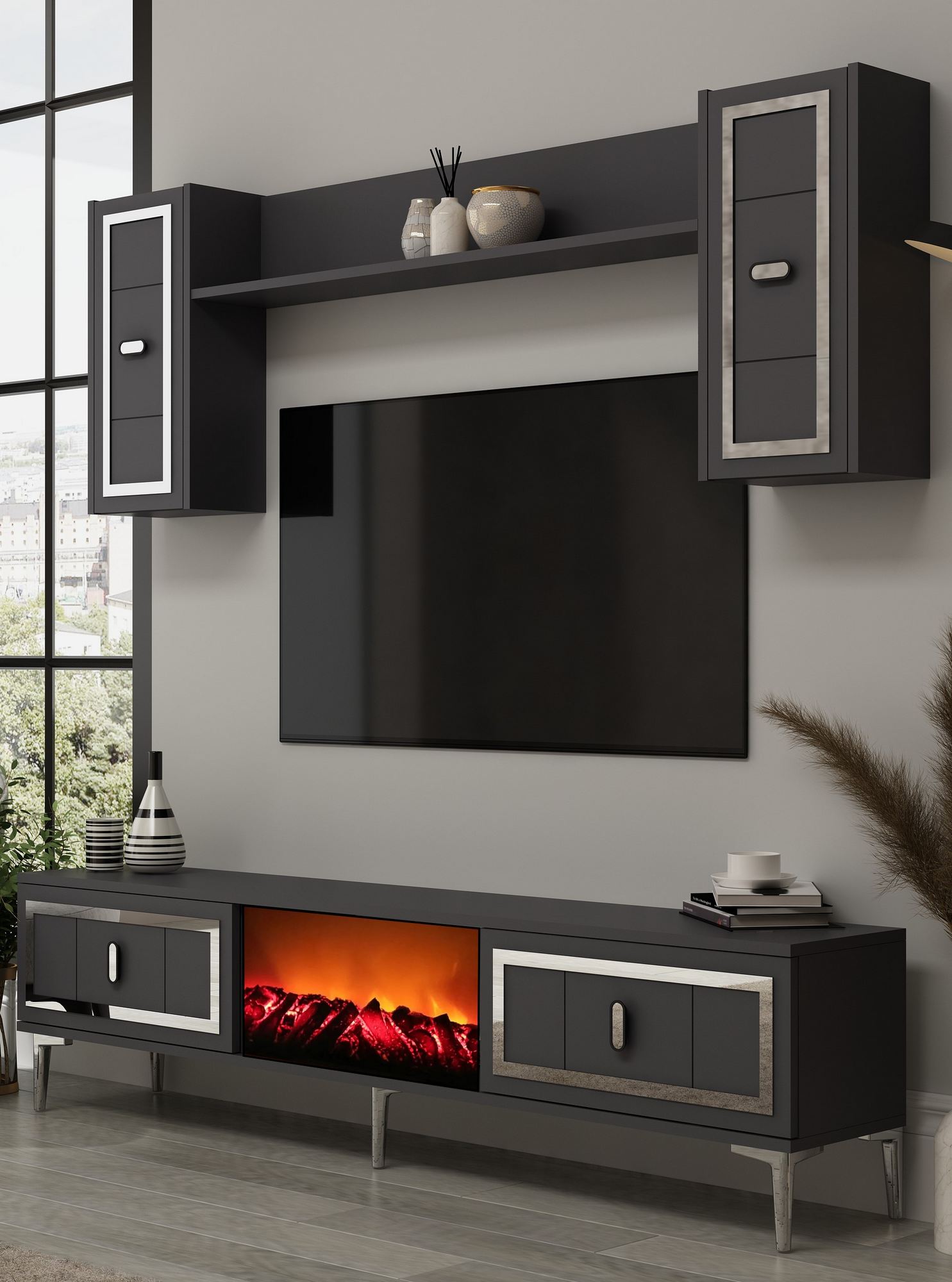 Móvel de TV – 150cm x 44.6cm x 29.6cm – Antracite e Prata – Painel de Partículas Revestido em Melamina